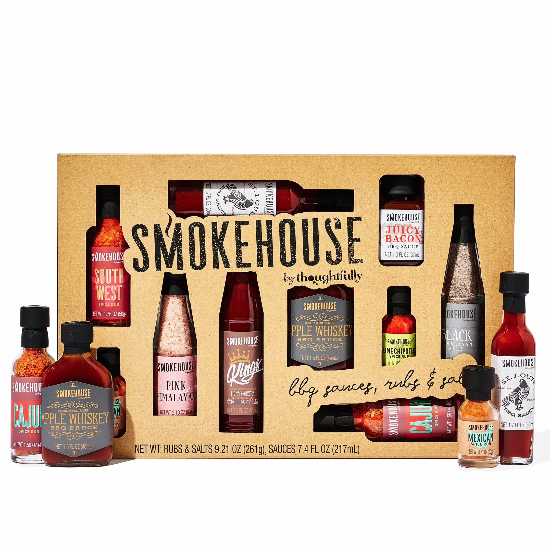 Smokehouse by Thoughtfully, Ensemble d'échantillons de barbecue ultime, comprend une variété de sauces, de frottements et de sels pour fumer et griller dans des bouteilles de taille d'échantillon