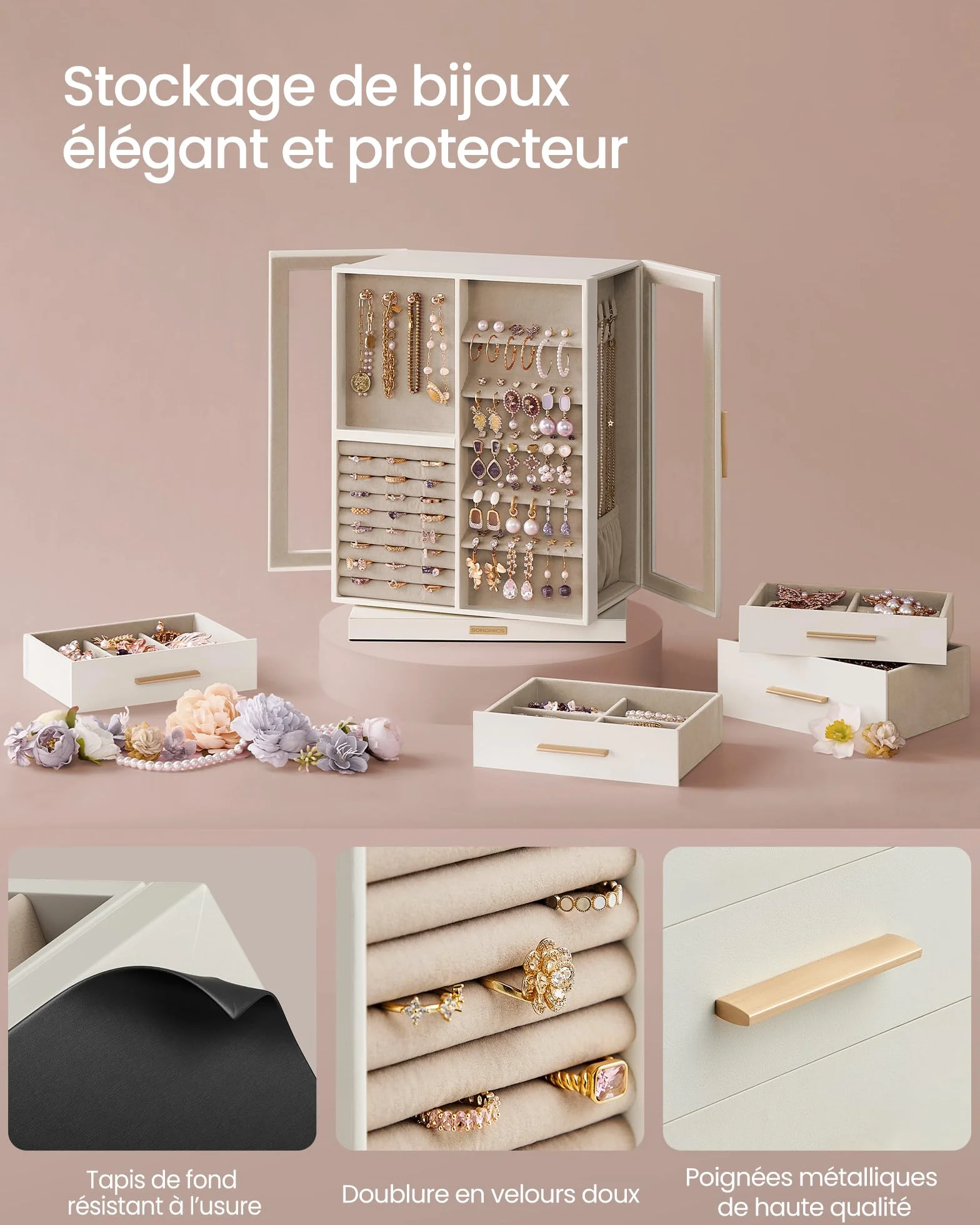 SONGMICS GISELLA Boîte à Bijoux Rotative 360° Coffret 7 Tiroirs Fenêtres en Verre Latérales Grand Rangement Blanc Nuage JBC201W01