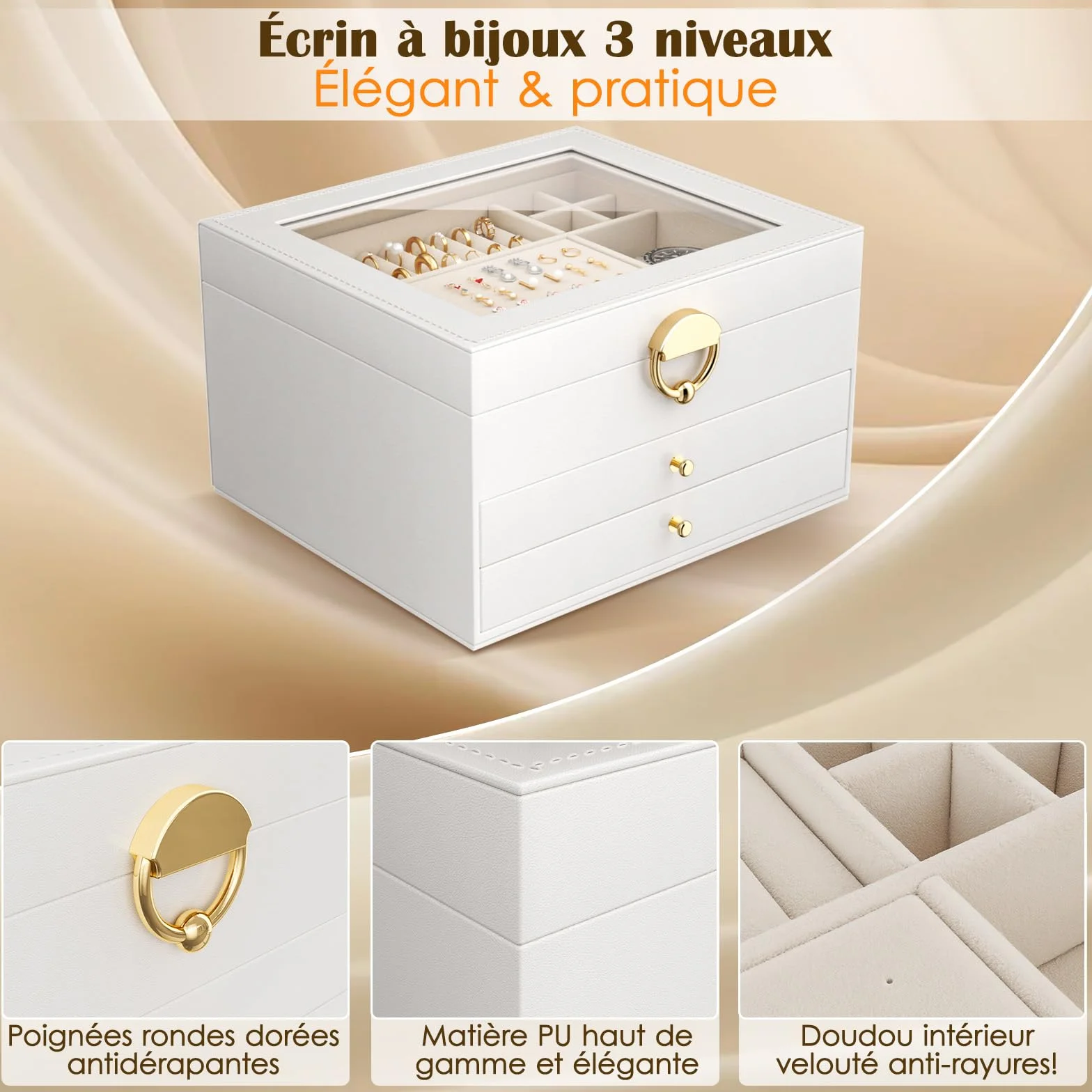 Grande Boîte à Bijoux 3 Niveaux 24 Compartiments Couvercle Transparent
