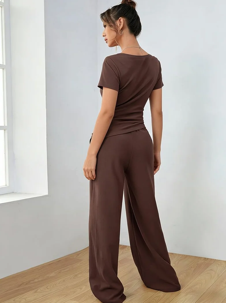 Ensemble Femme 2 Pièces Pantalon et Haut Fluide Manches Courtes avec Poches Loungewear Casual