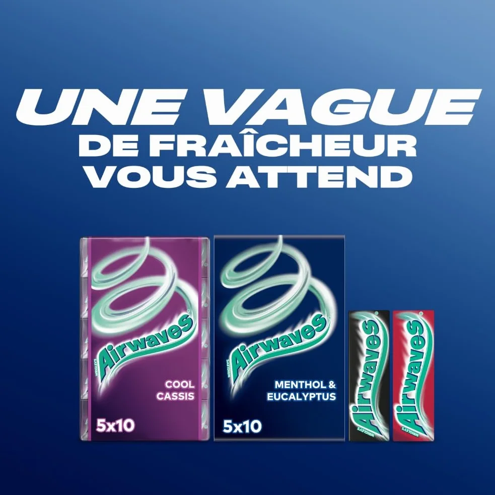 AIRWAVES Chewing Gum Sans Sucre Goût Menthol Eucalyptus Longue Durée 5 Paquets 10 Dragées 70g