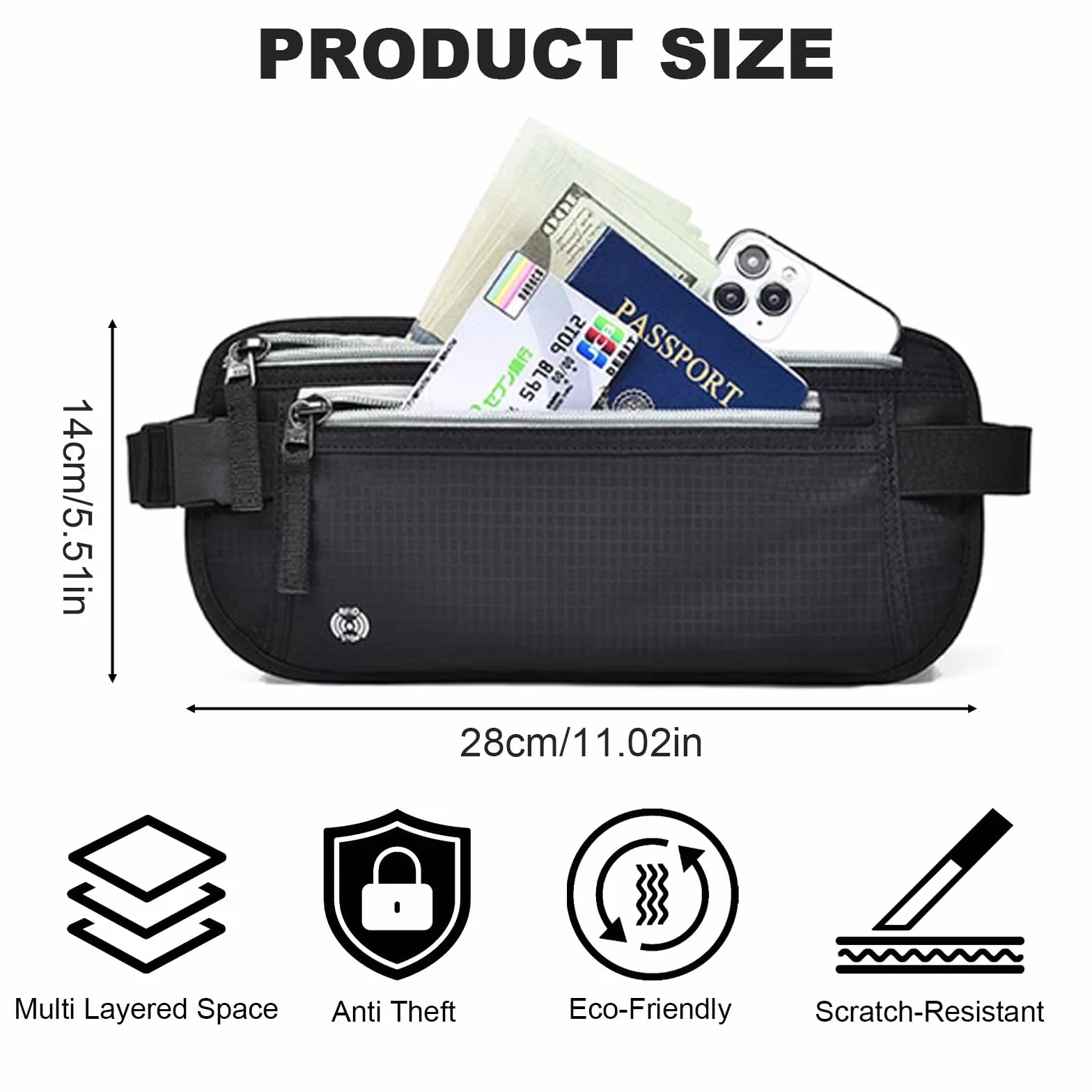 Ceinture de voyage sécurisée RFID étanche antivol pour homme - Sac banane noir taille unique