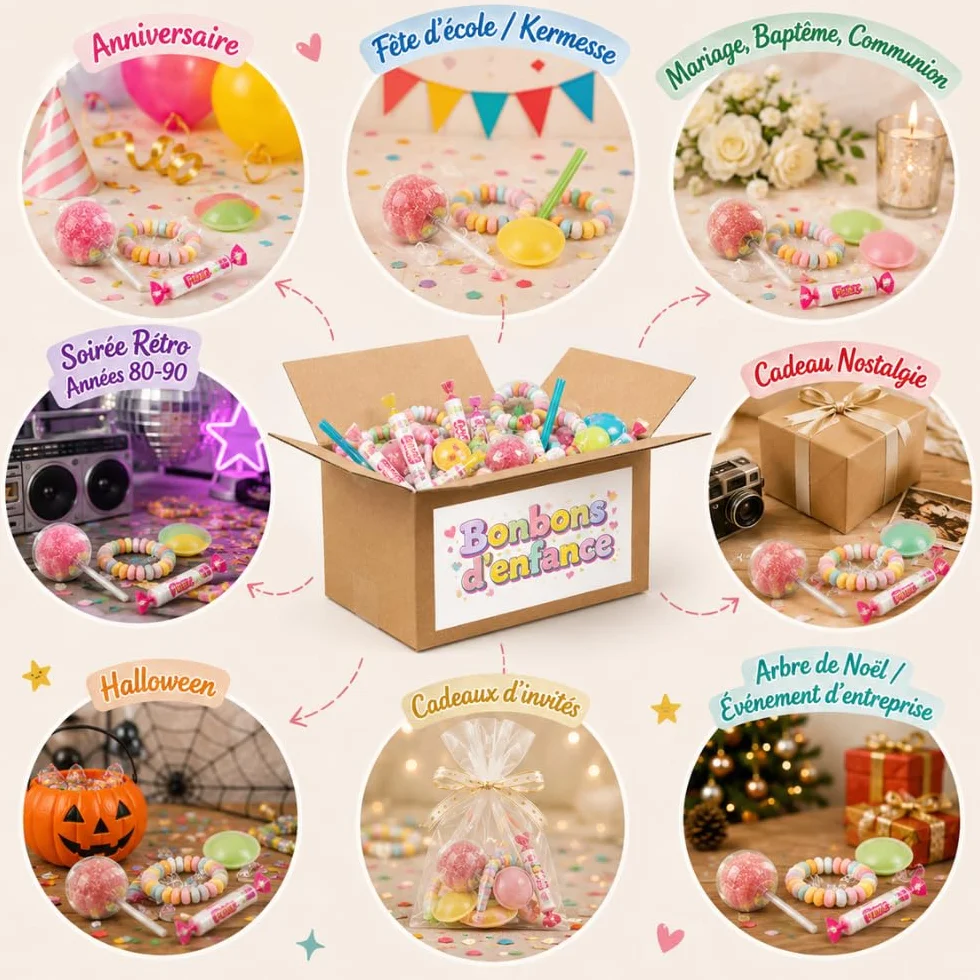 Bonbons d’Enfance 200 pcs | Assortiment Rétro : Colliers & Sucettes dextrose, Pailles & Soucoupes acidulées,Boules Coco | Idée Cadeau Anniversaire et Fête
