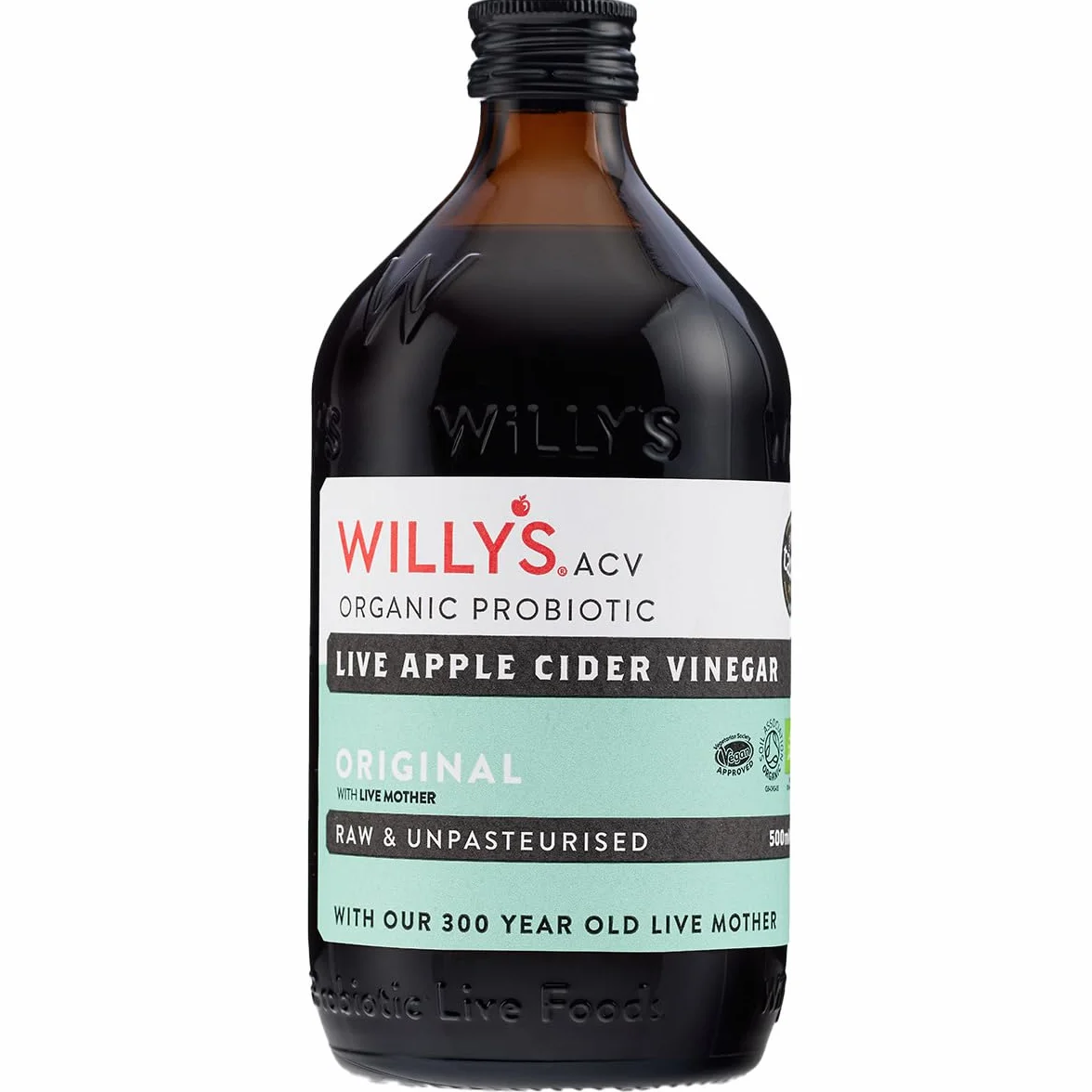 Vinaigre de cidre de pomme cru Willy's avec vraie mère vivante (bouteille en verre de 500 ml)