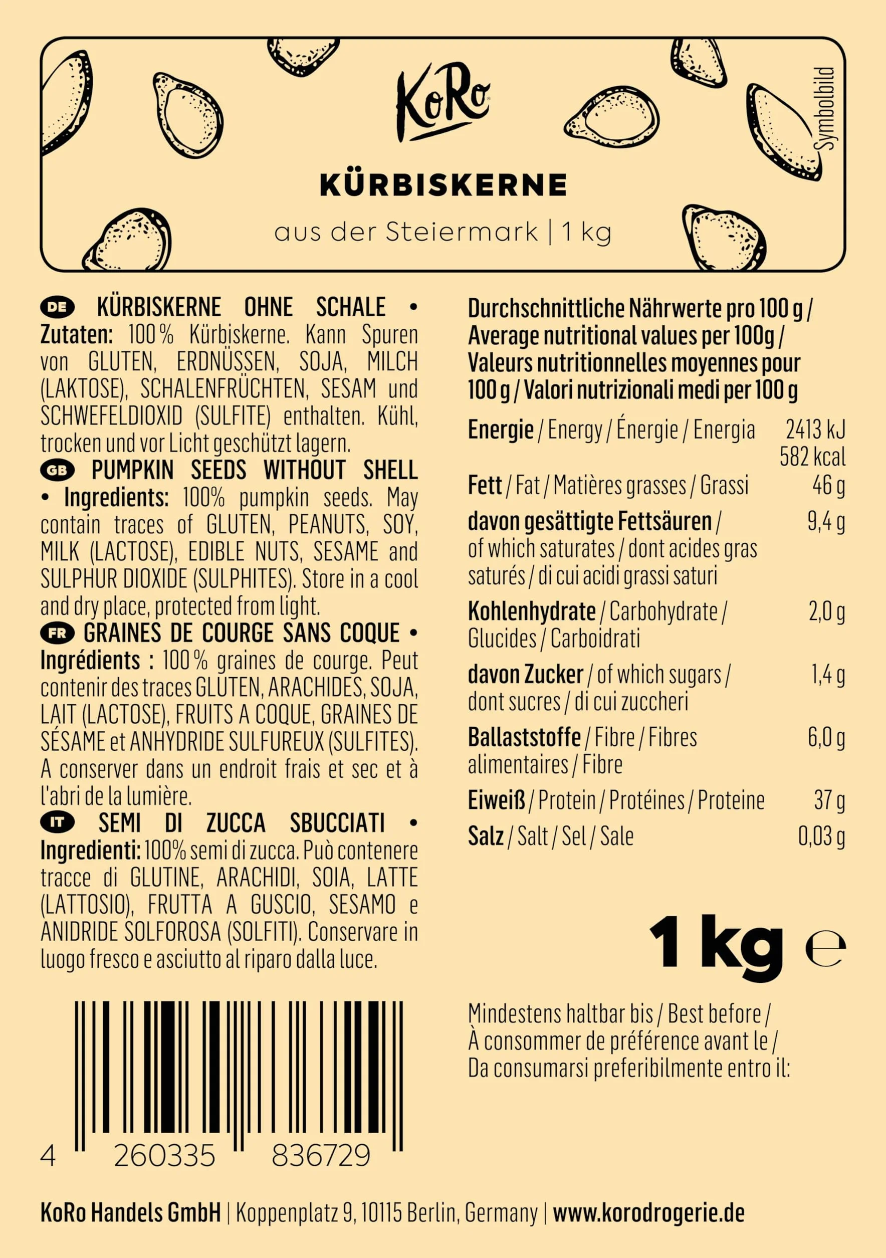 KoRo - Graines de courge de Styrie 1 kg - Naturel et non grillé, sans sel ni peau