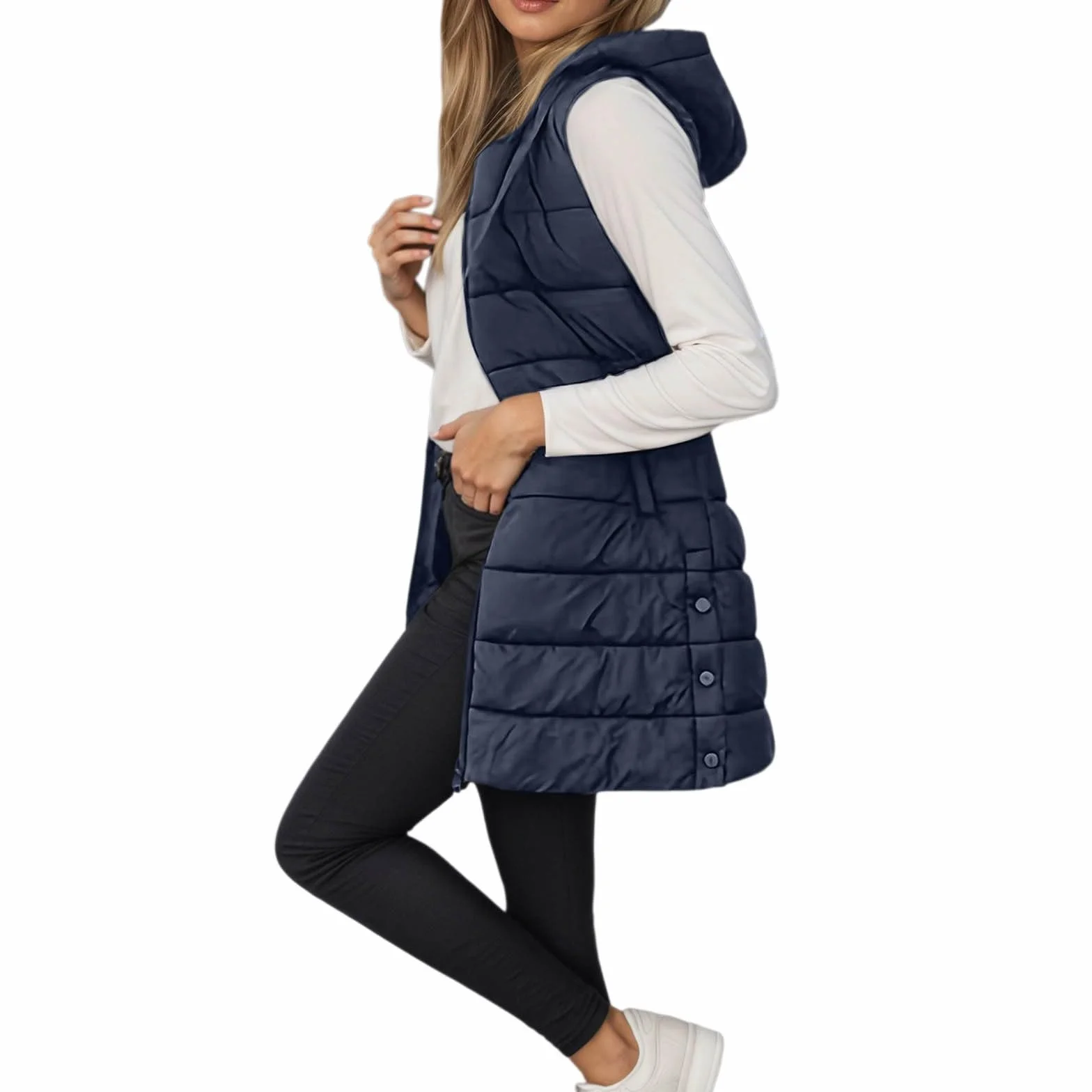 Femme Longue Doudoune sans Manches avec Capuche Gilet Chaud Veste Hiver Poches Zippée