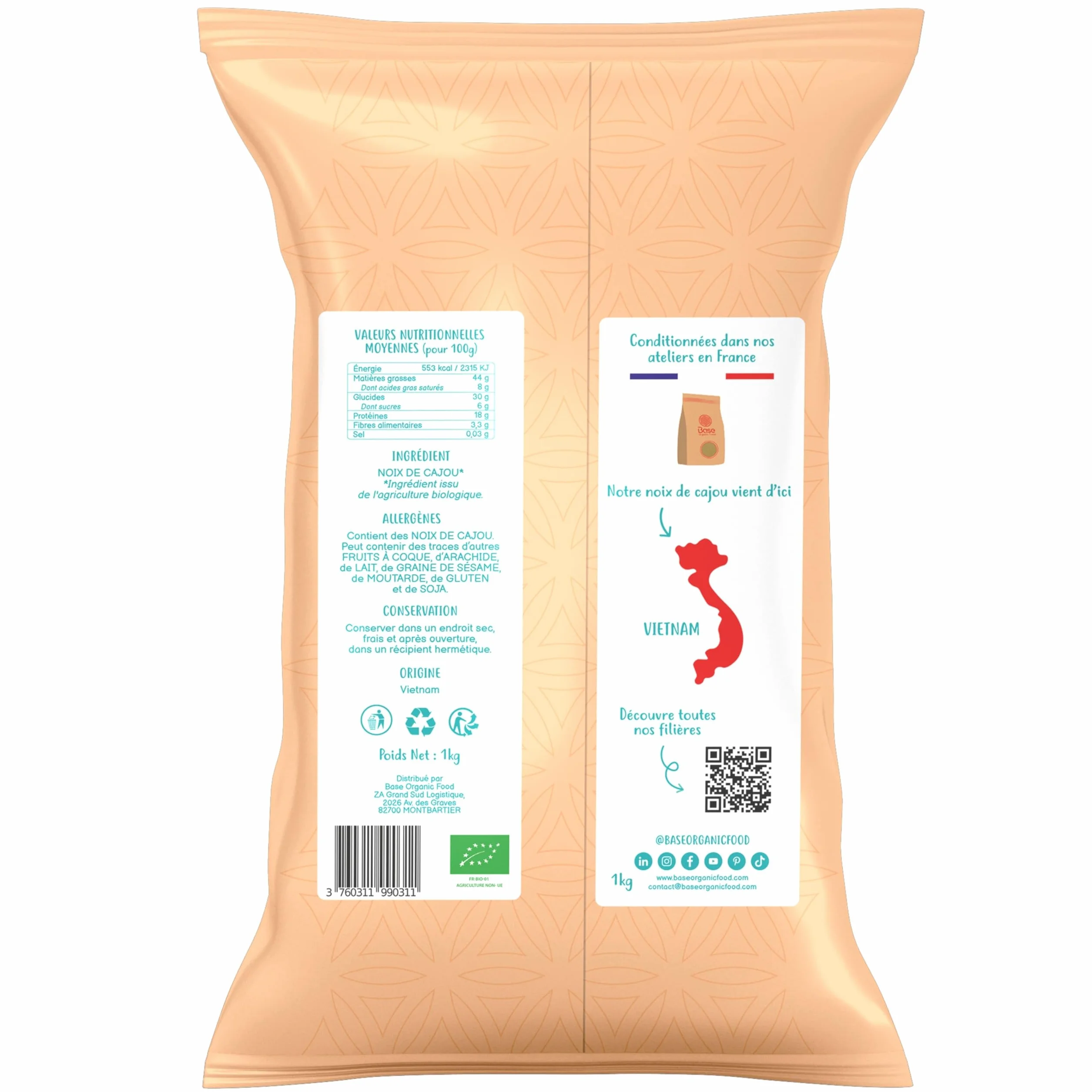 Noix de Cajou BIO 1kg | Cajou 100% Naturelle Entière | Crues et non salées | Sans OGM | Parfumé & Gourmand | IDEAL recettes cuisine | Convient aux végétariens et aux végétaliens | BASE ORGANIC FOOD