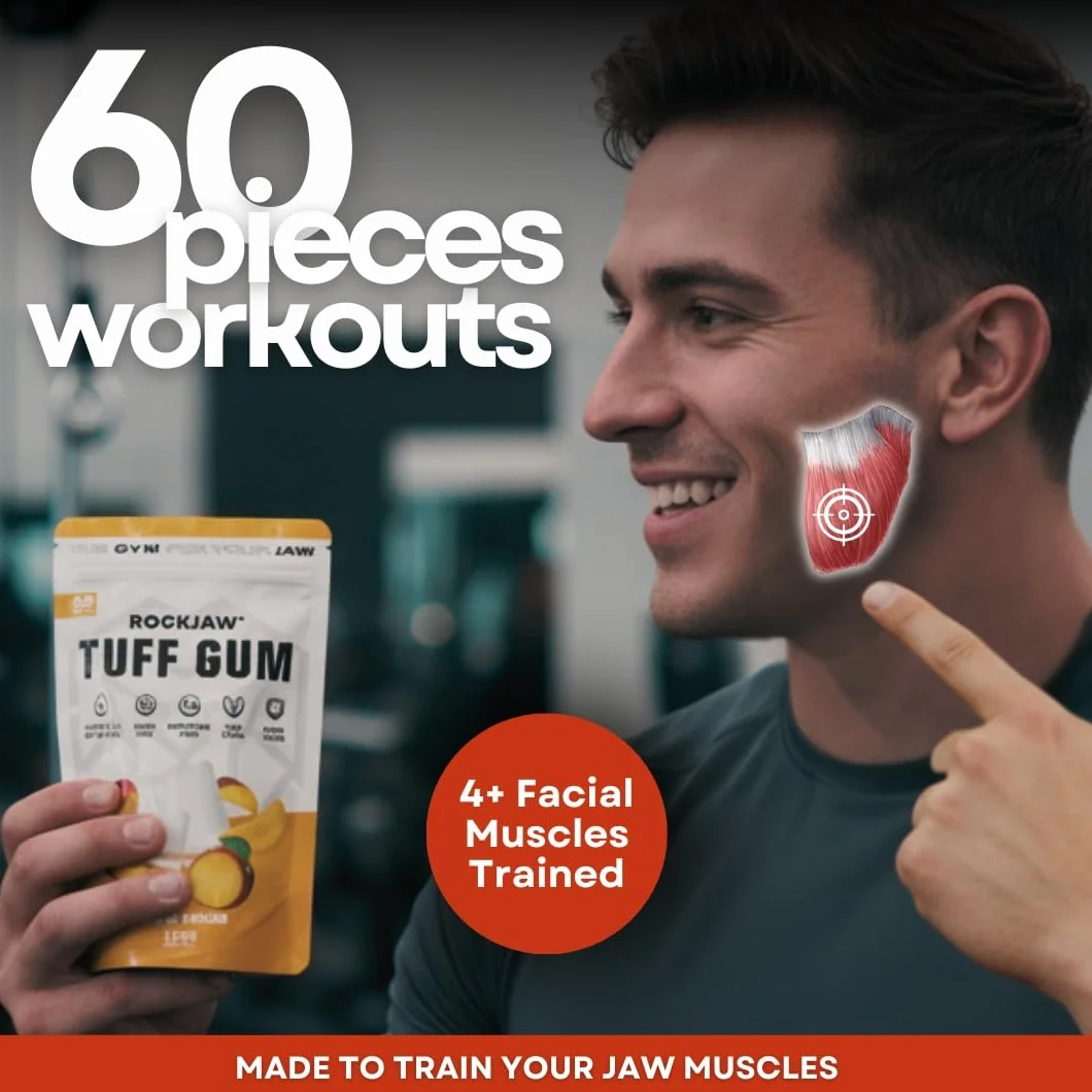 ROCKJAW® Jawline Gum Tuff Gum 2.0 complexe de vitamines B sans aspartame sans sucre xylitol 2 mois d'approvisionnement mangue exotique