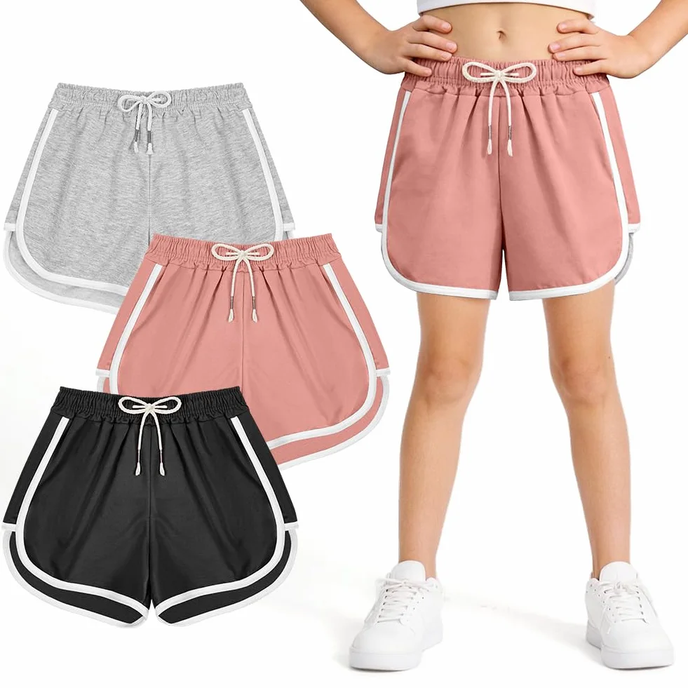 Short de Sport Fille DiULi en Coton Élastique Respirant pour Course à Pied, Taille Haute avec Cordons, 2PCS Noir + Rose