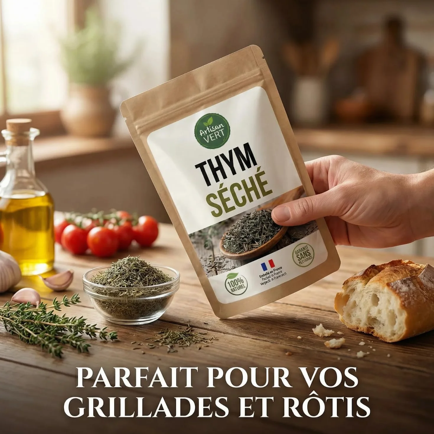 Thym séché entier - 100g Plante thym séché, arômate - idéal pour Infusions, Plats, Vinaigrettes, Desserts, Marinades viande