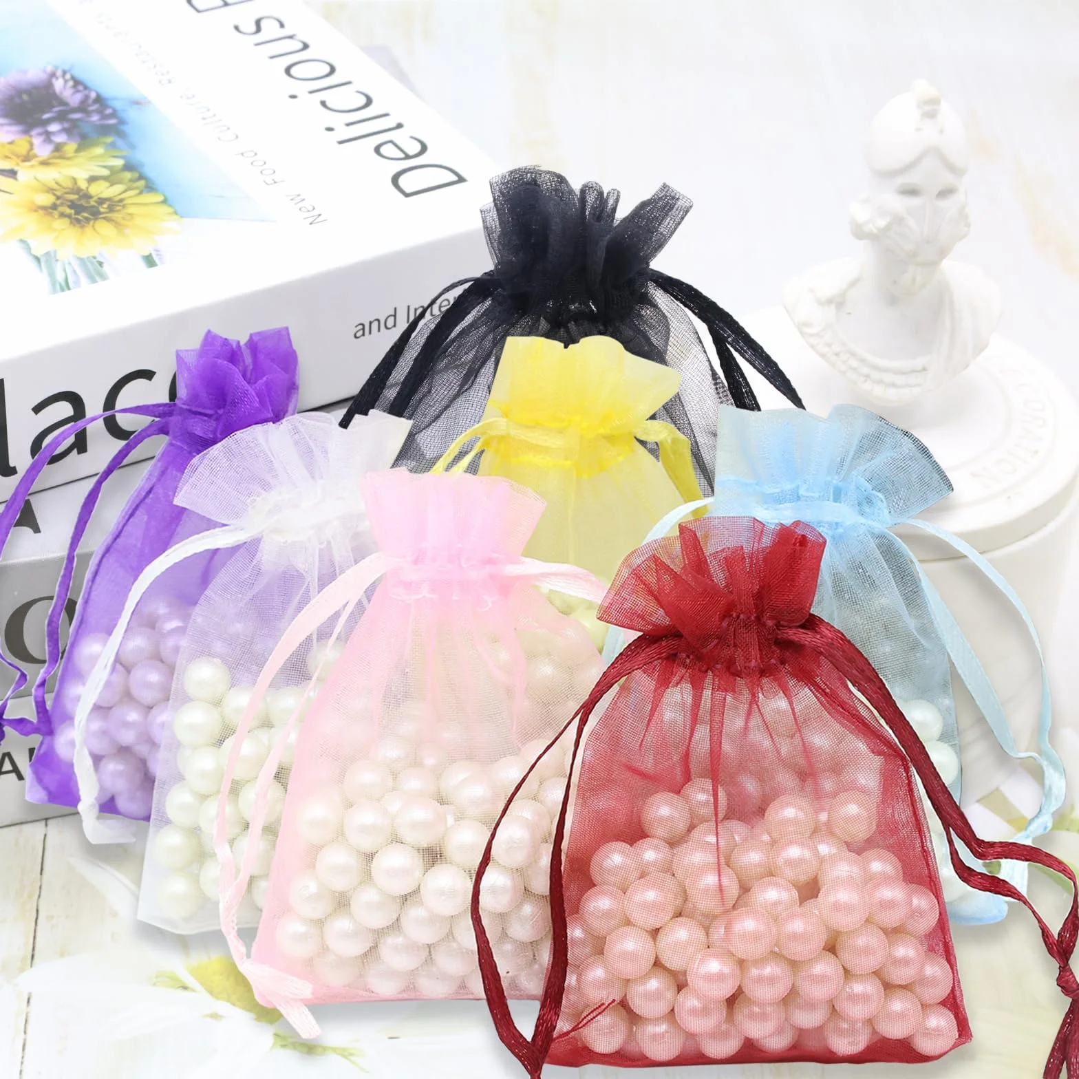 Sacs Organza Bleu Clair 10x15cm 100PCS avec Cordon de Serrage pour Bijoux Cadeaux