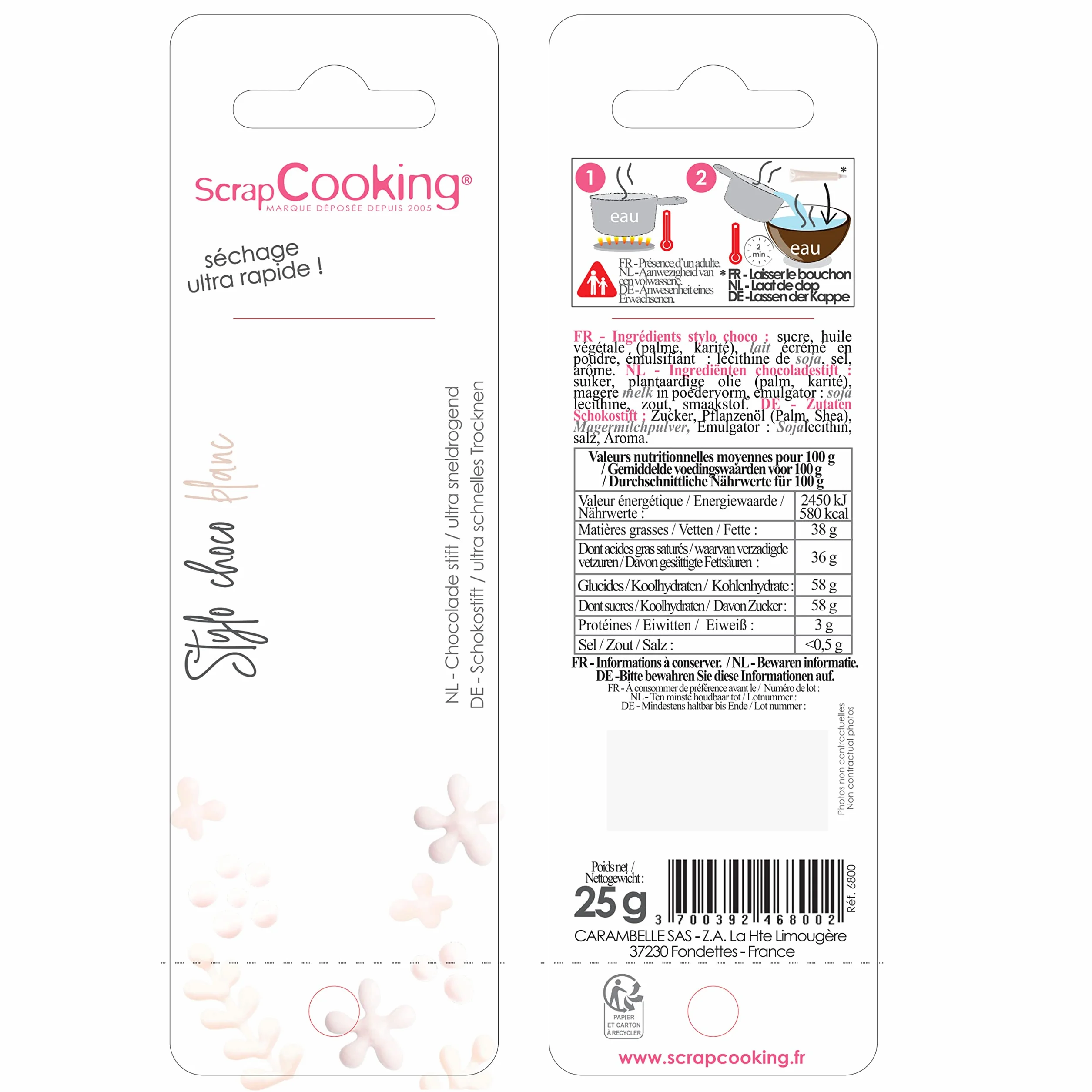 SCRAP COOKING - Stylo Choco Blanc - Crayon Alimentaire Pâtisserie 25 g - Stylo Décoratif Comestible - Écrire & Dessiner sur Desserts, Gâteaux & Biscuits Noël Anniversaire - 6800