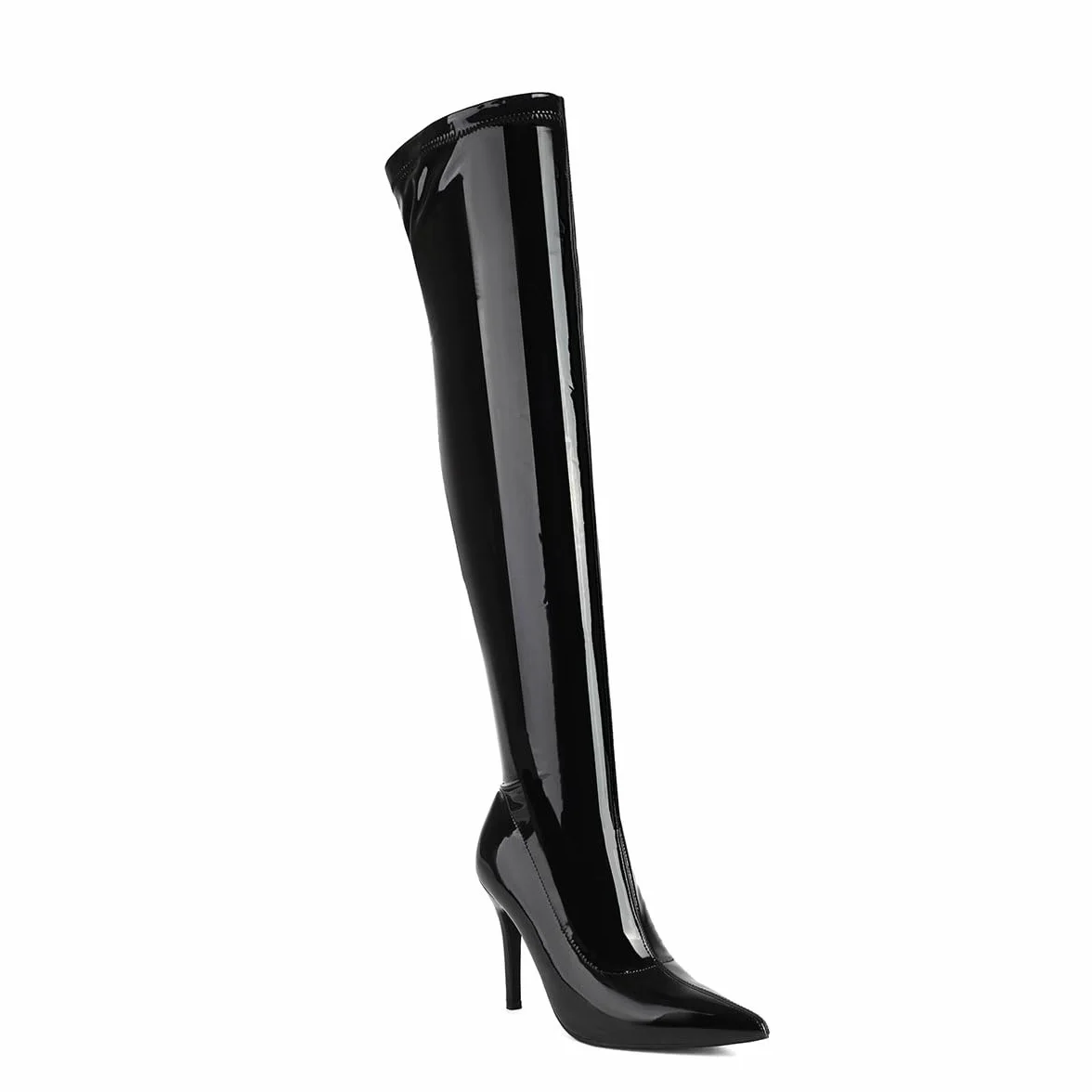Feinlina Bottes Noires Au-dessus du genou Bottes Sexy à bout Pointu en cuir verni pour Femme