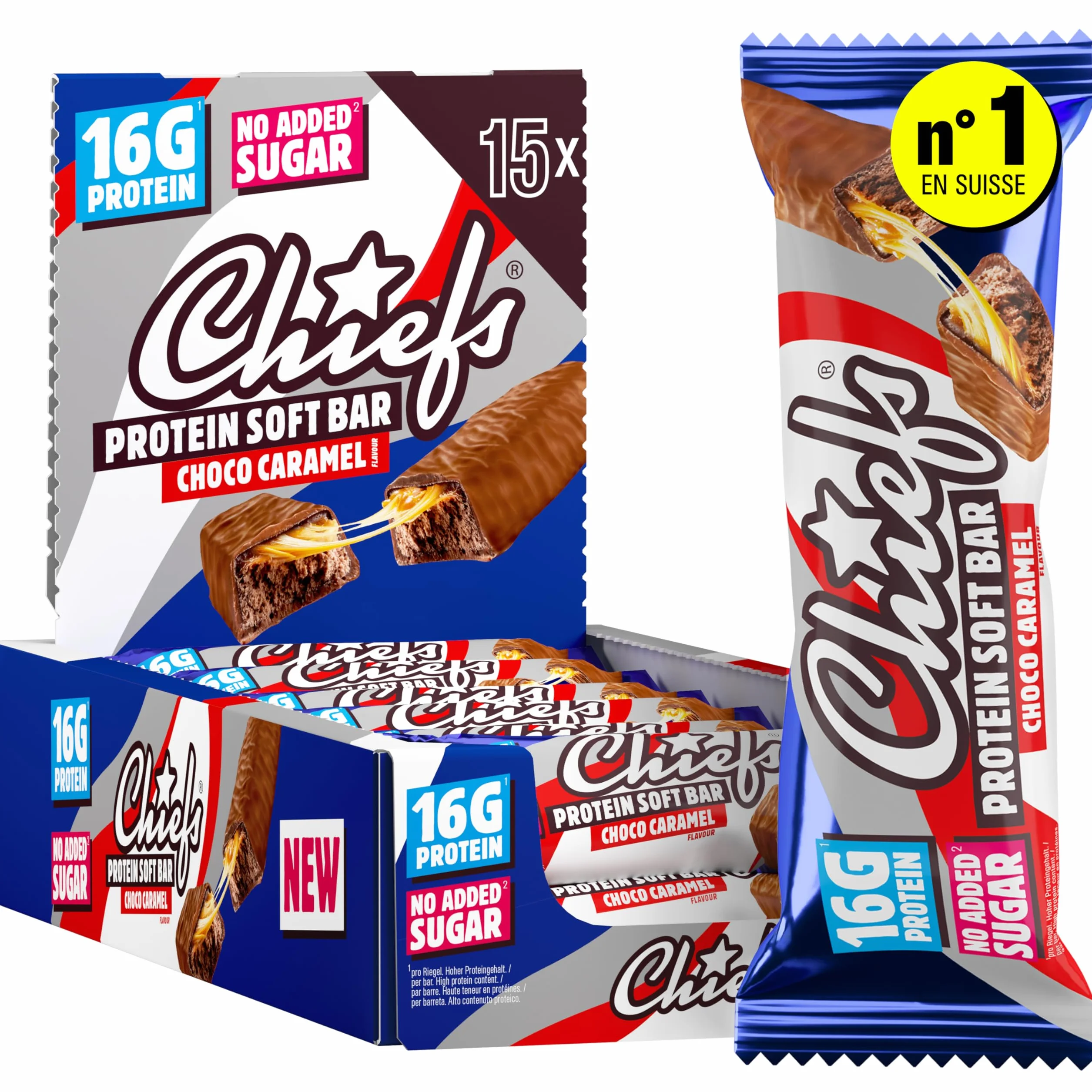CHIEFS Barre Protéinée Soft - 16g Haute Protéine, Sans Sucre Ajouté, Sans Huile de Palme, Soft Bar Choco Caramel - 15 x 55g