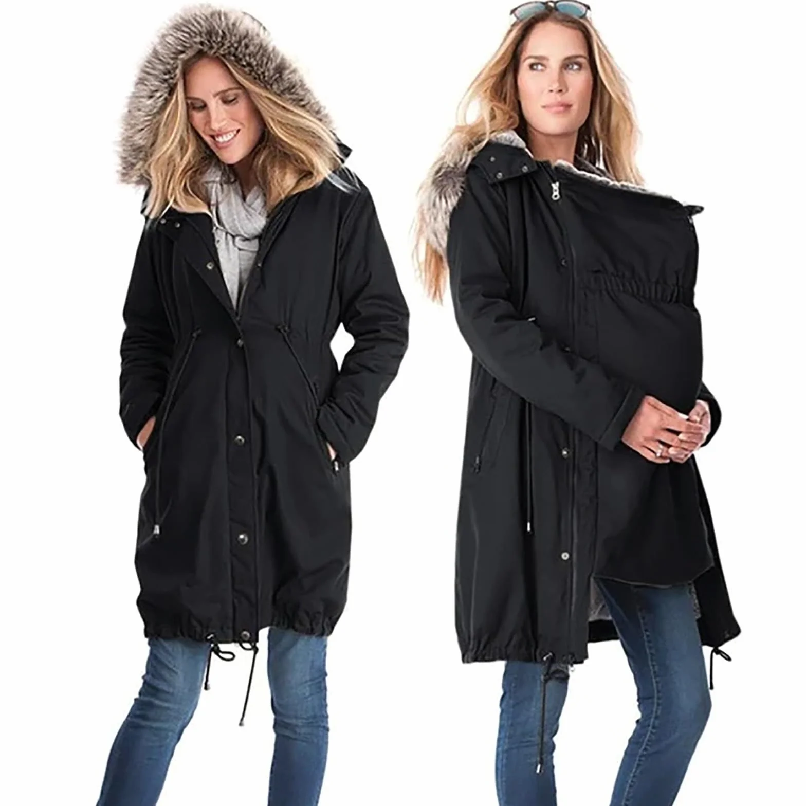 Veste de portage d'hiver chaude en coton pour femme avec col en fourrure et insert bébé