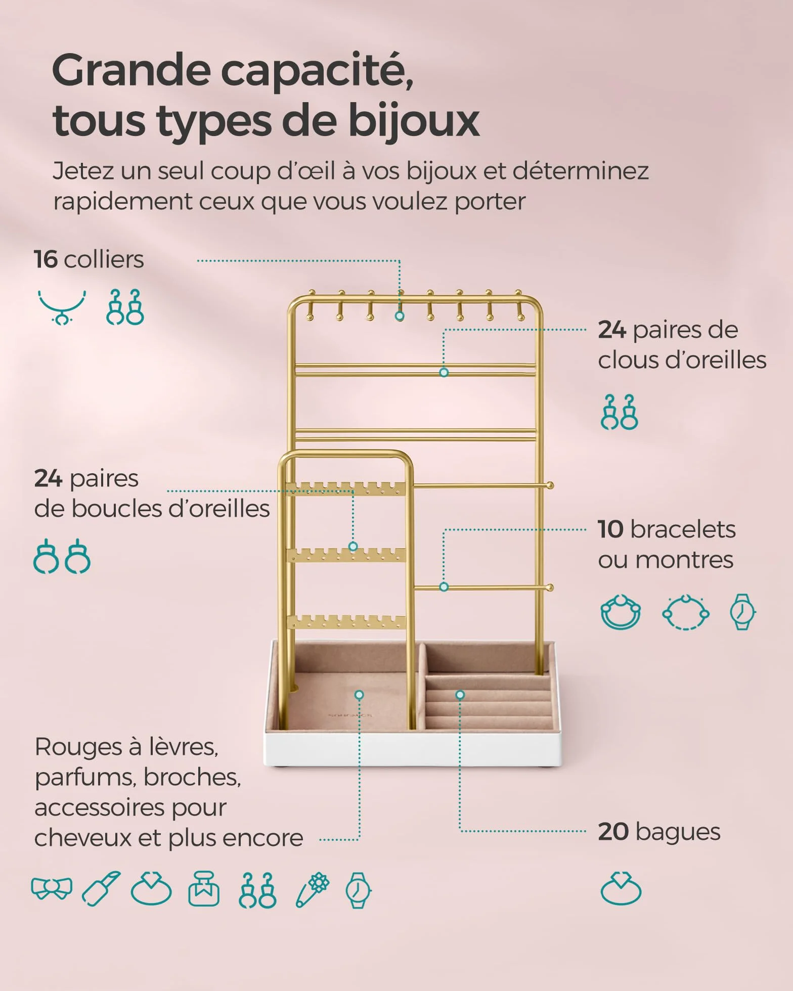 SONGMICS Porte-bijoux en Métal Plateau Velours Doré JJS021A01