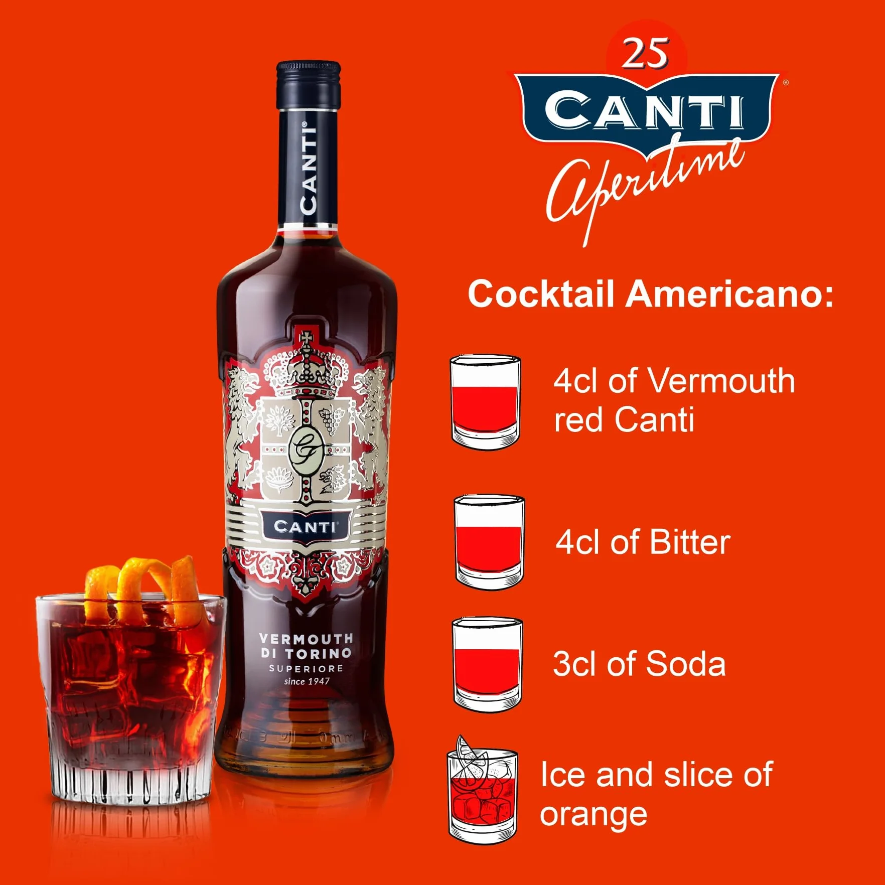 Canti - Vermouth Rouge Supérieur de Turin, Aperitif aux Notes Agrumées, Notes d'Épices, de Quinquina et d'Absinthe Romaine, 1x1L