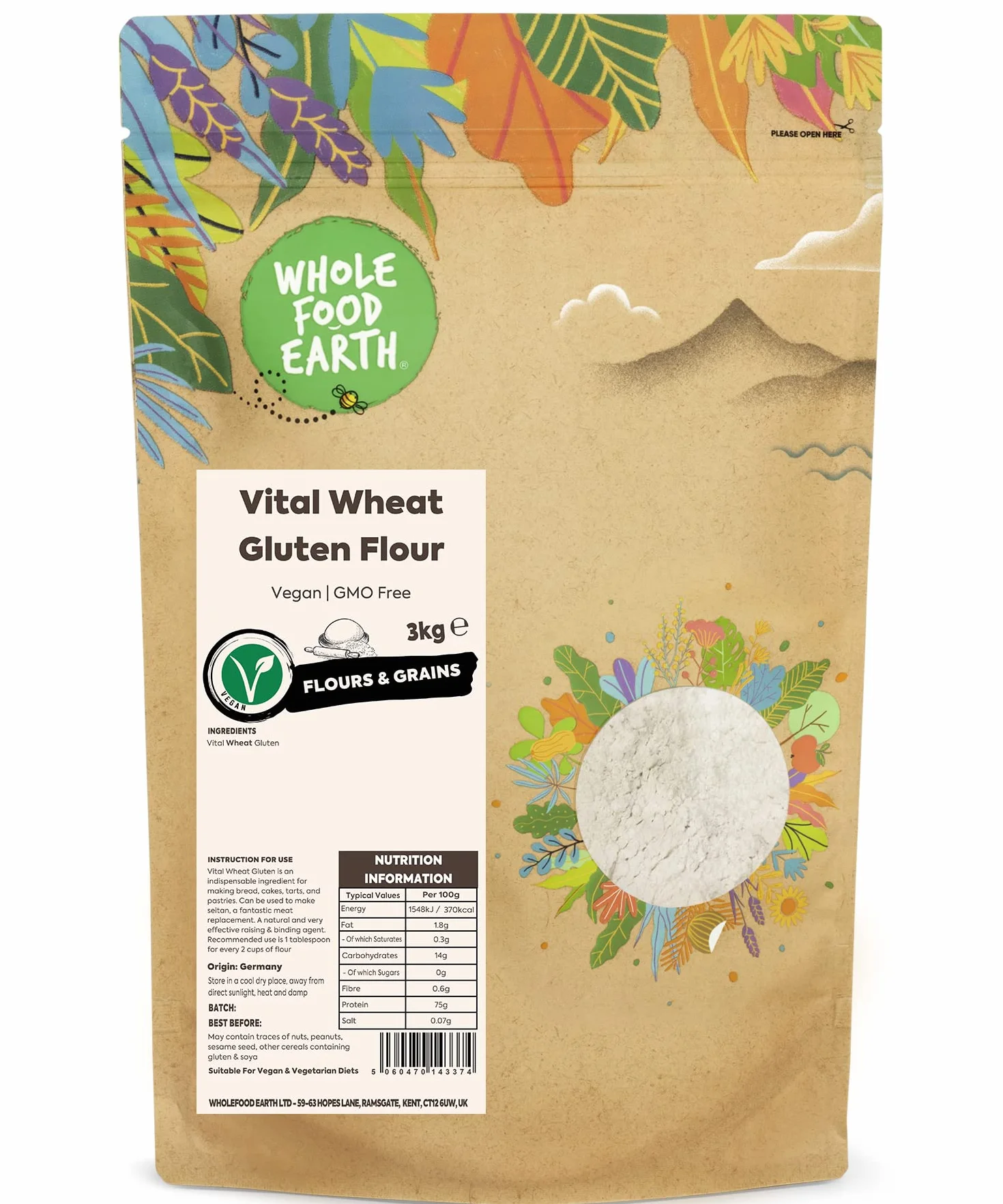 Wholefood Earth Protéine Blé Boulangerie, Naturel Sans OGM Vegan Certifié 3 kg
