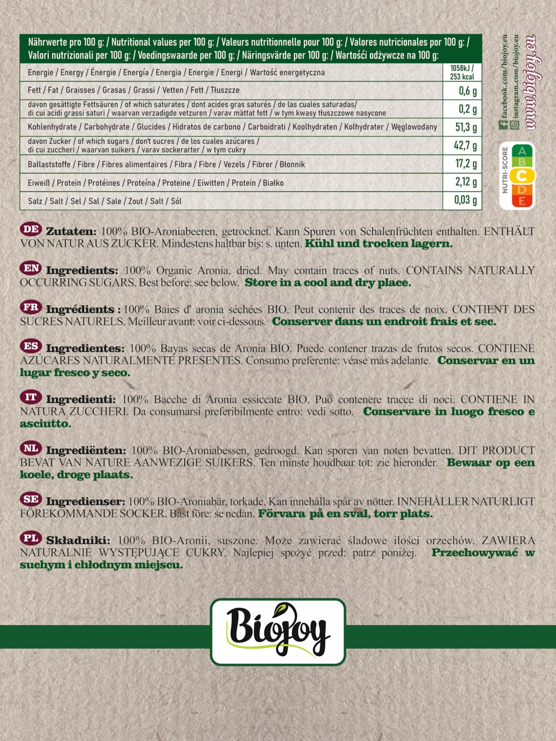Biojoy Baies d'aronia séchées BIO (1 kg), entières (Aronia melanocarpa)