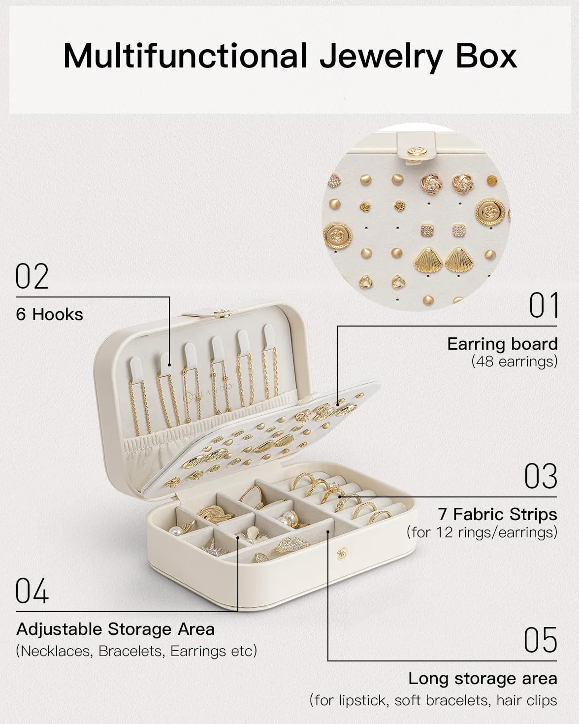 Vlando Boîte à bijoux de voyage, rangement pour bijoux, boucles d'oreilles, étui de voyage
