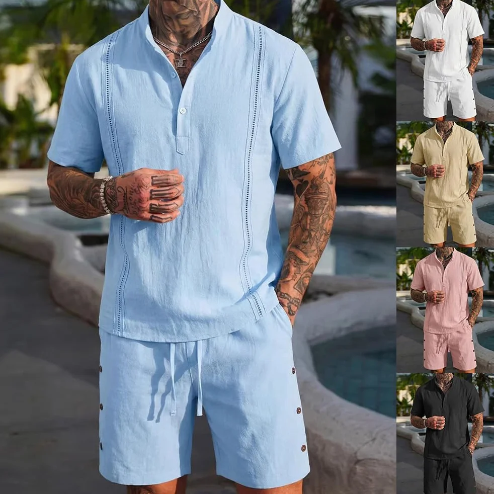 Ensemble en Lin 2 Pièce Homme Chemise T-Shirt Manches Courtes Pantacourt Shorts Jogging Été