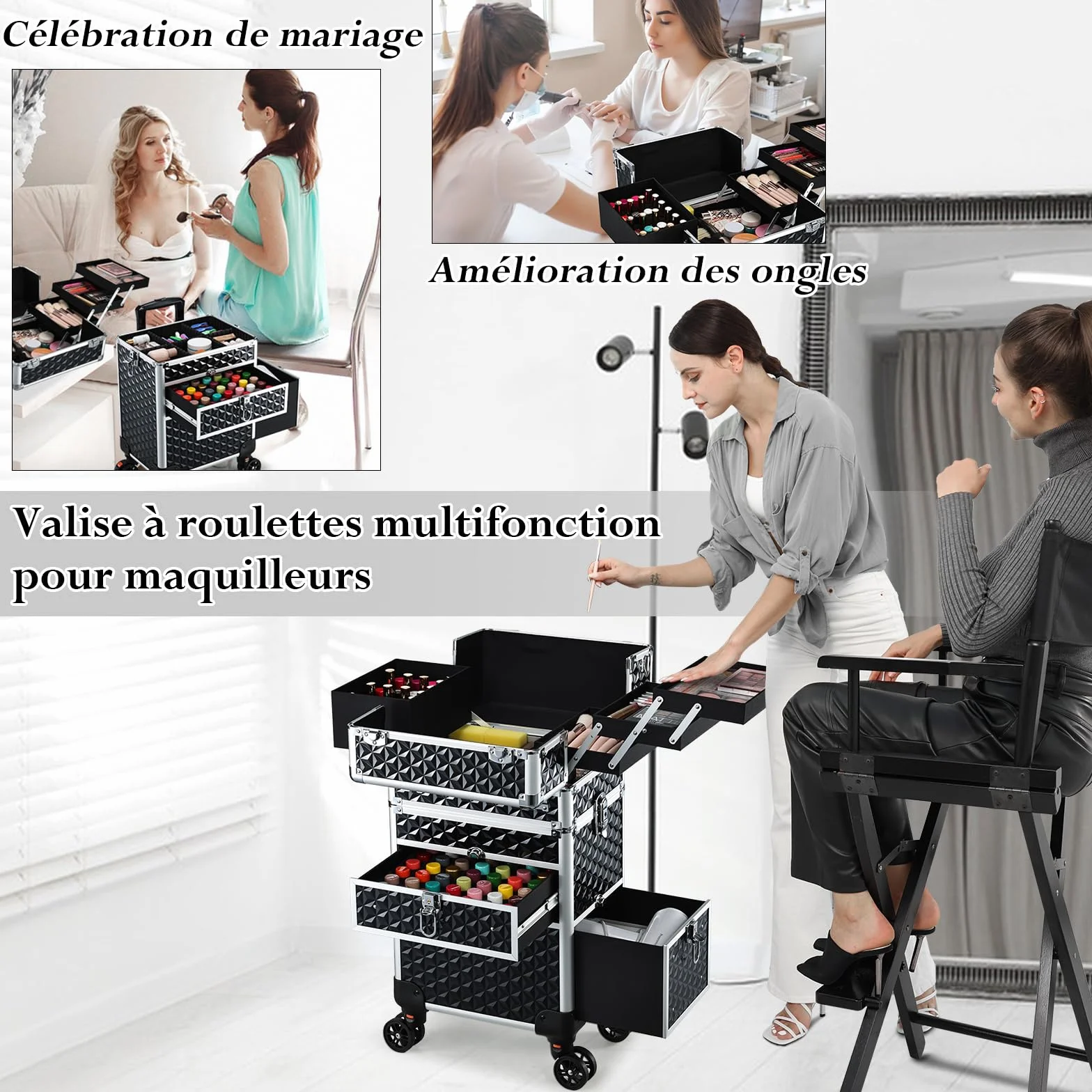 Valise Maquillage Professionnelle Trolley Beauty Case Noir foncé