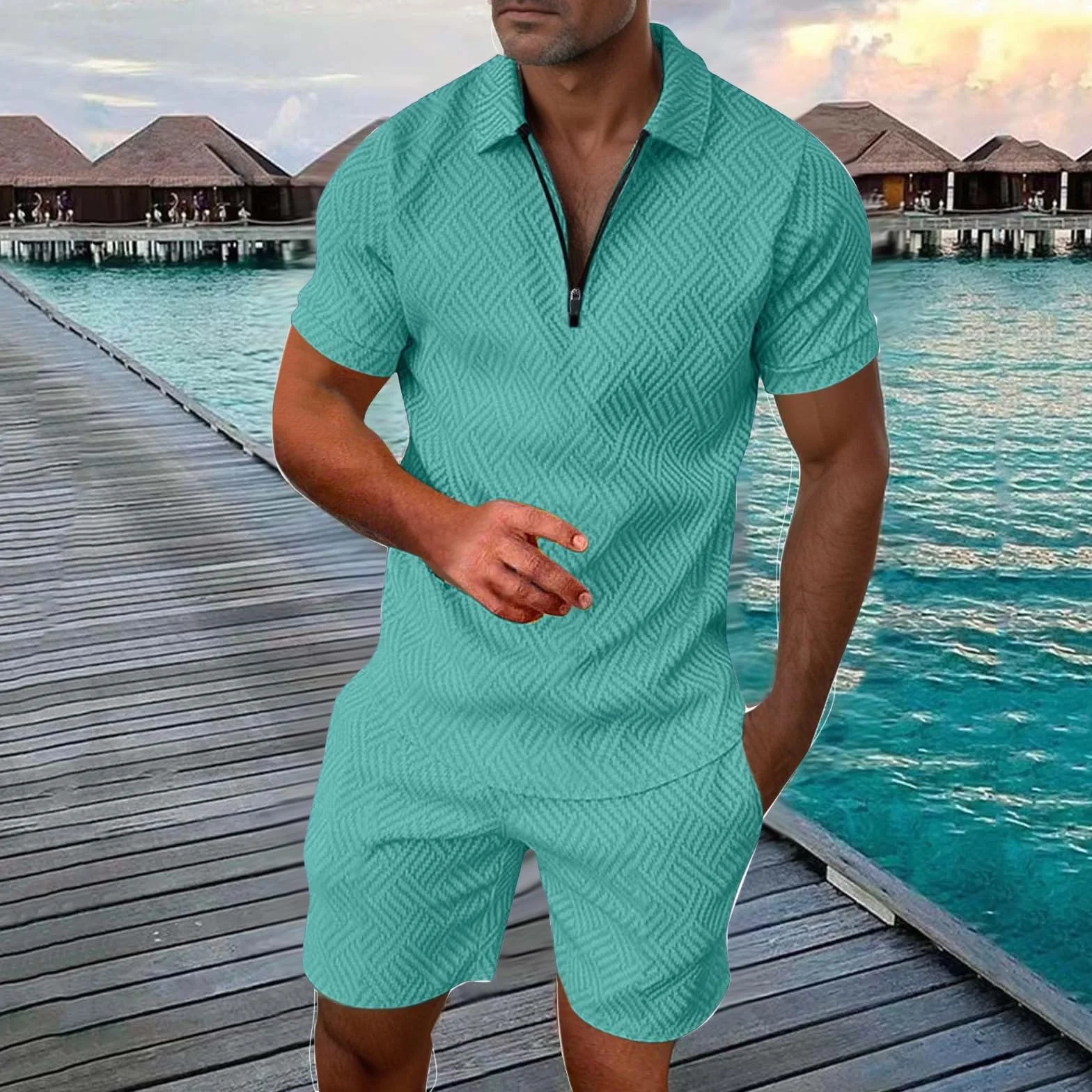 Ensemble Homme T-Shirt Manches Courtes Fermeture éclair Short 2 Pièces Couleur Unie Baggy Sportswear Survêtement Jogging