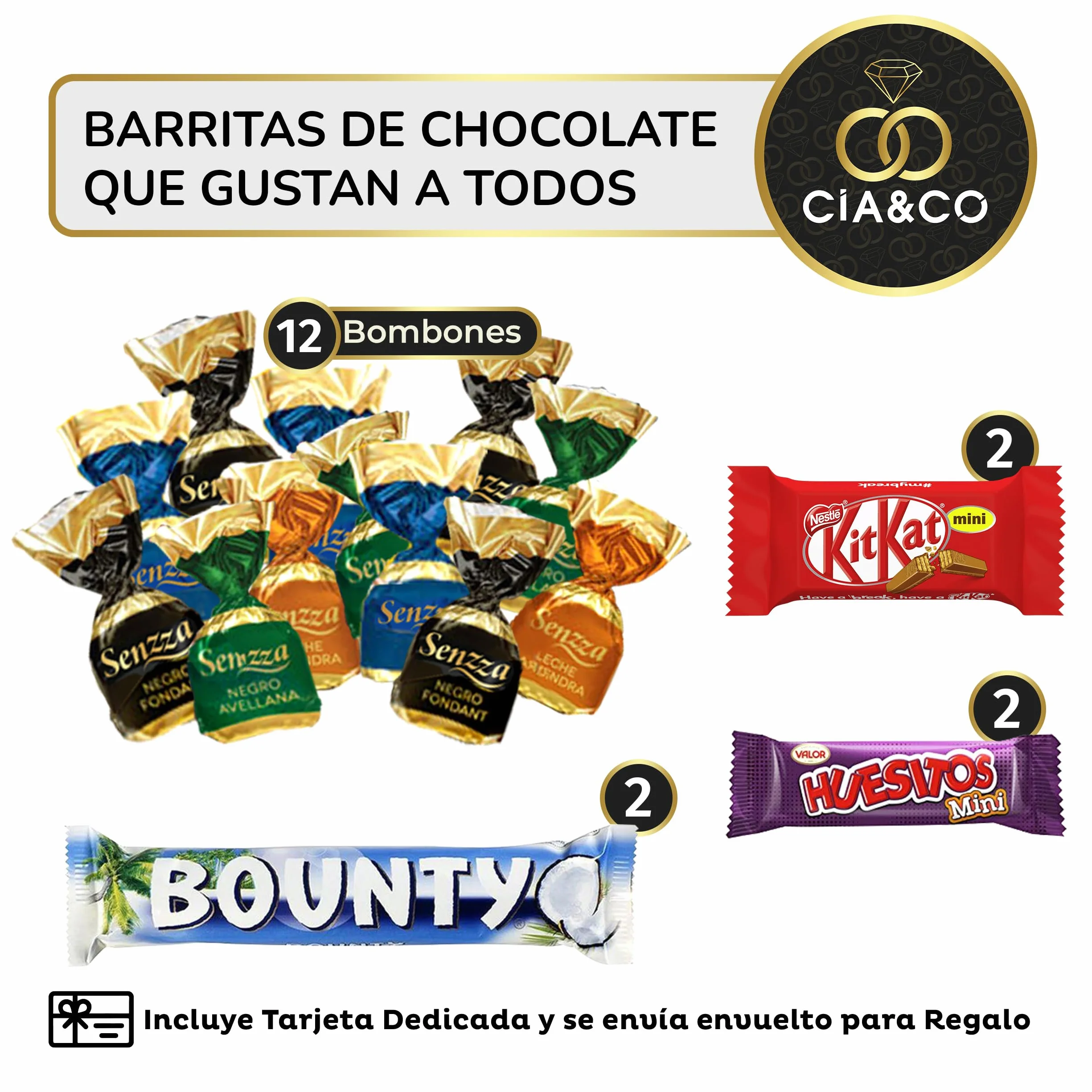 Coffret Bonbons avec +20 Chocolats Ferrero Rocher, Toblerone, Kinder Bueno, Bounty Coconut, Mars, Twix et de délicieuses barres Kit Kat et Huesitos.