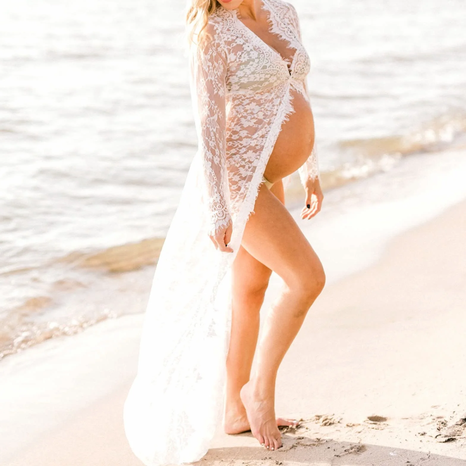 Robe Grossesse Chic Dentelle Manche Longue Col en V Maxi Robe Maternité Mariage Soirée