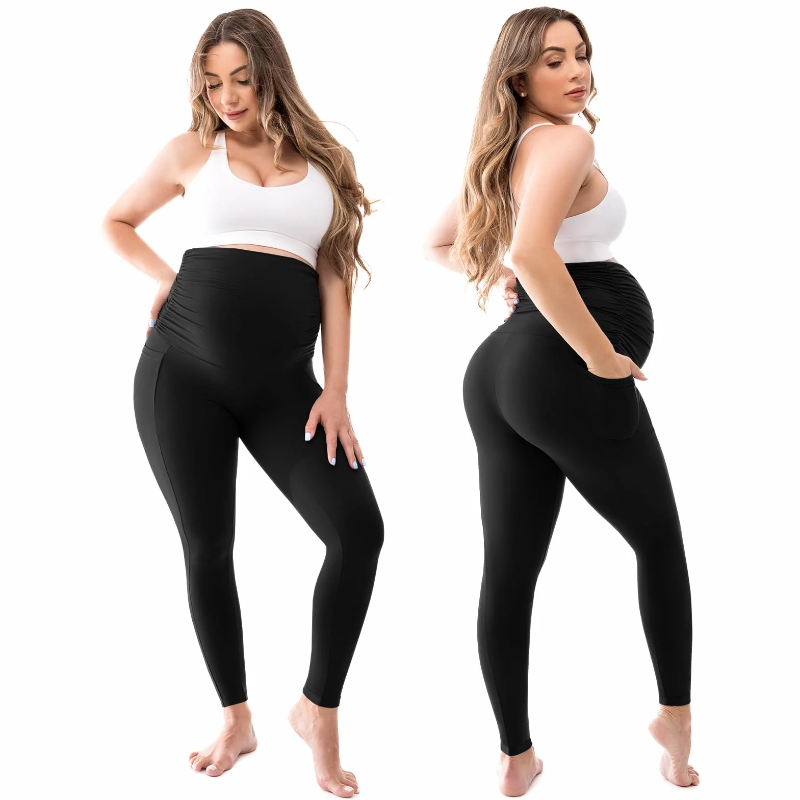 Legging de maternité pour femme avec poches sur le ventre, pantalon de yoga de grossesse