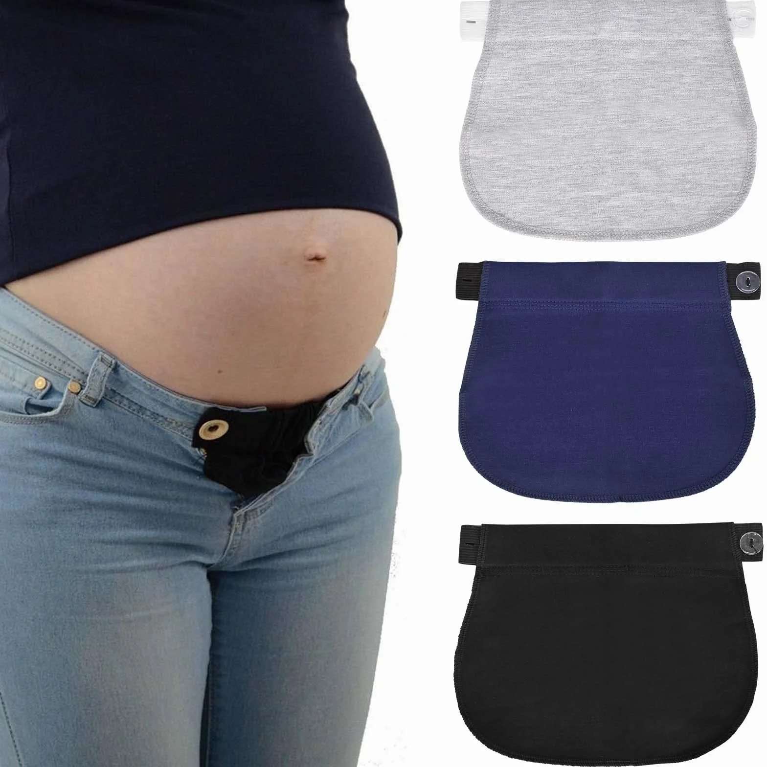 Extenseur Pantalon Ajustables pour Femmes Enceintes, Extensions de Bouton Pantalon Maternité, Extension de Ceinture Réglable, Bleu foncé+Noir+Gris