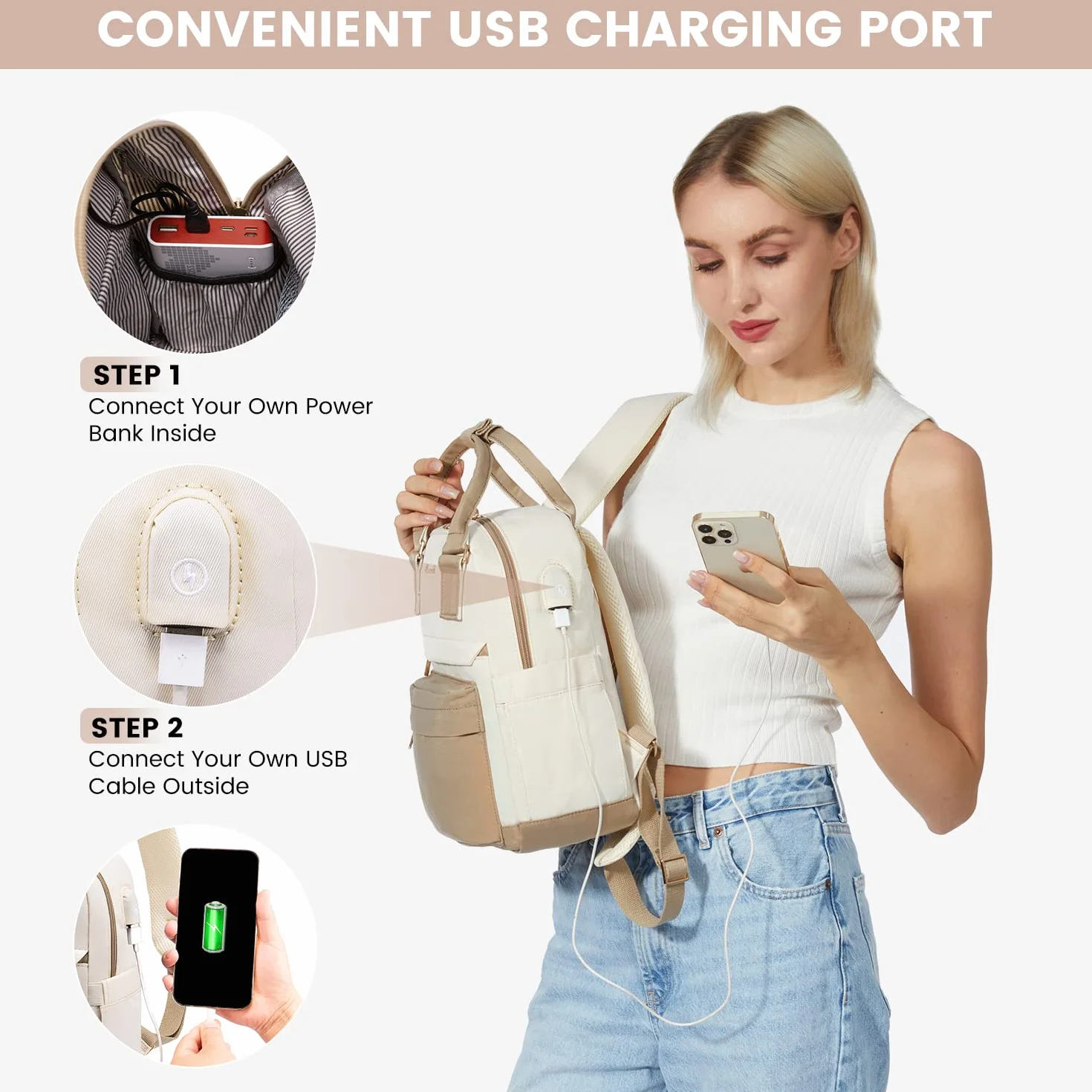 LOVEVOOK Petit Sac à Dos Femme, Mini Sac à Main Imperméable Antivol avec Port USB, Kaki Beige