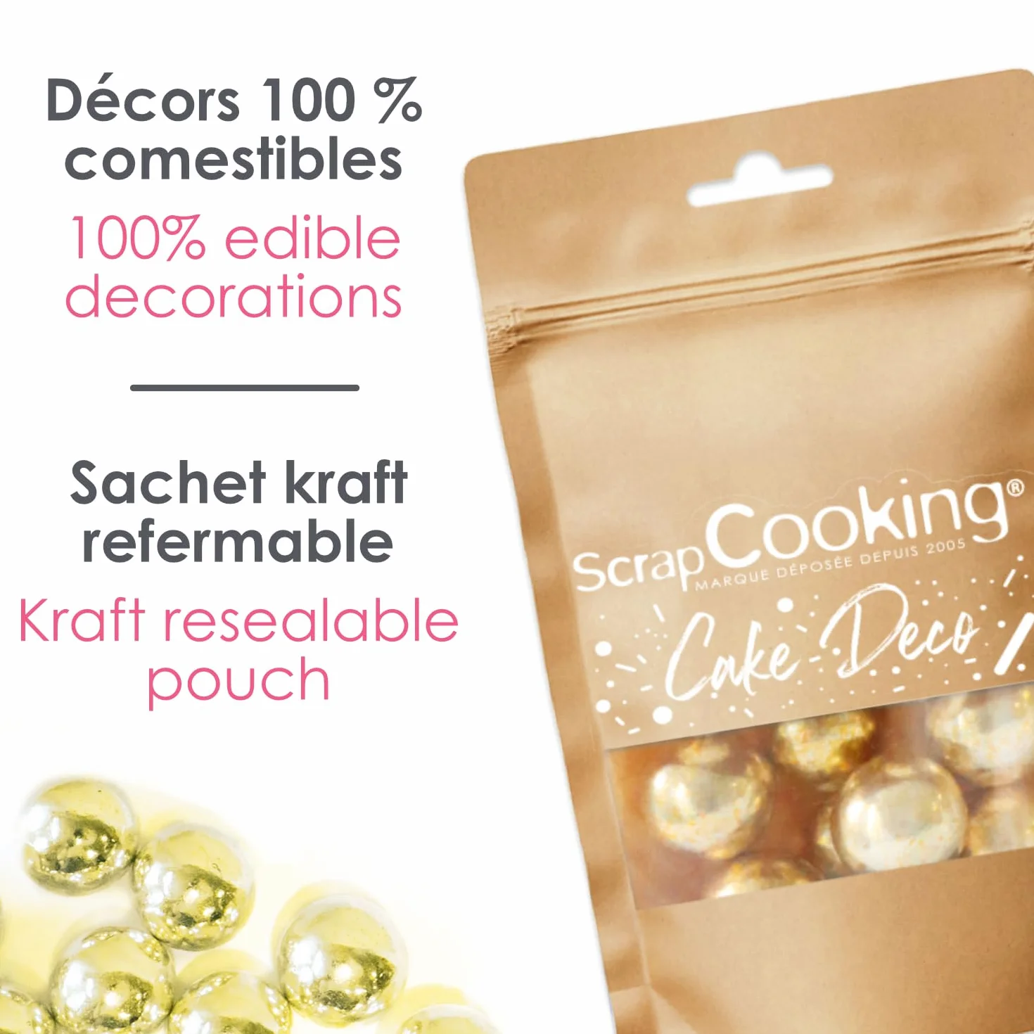 ScrapCooking - Perles Dorées XXL 55 g - Décors Pâtisserie Alimentaires Comestibles - Boules Sprinkles Choco Lait & Or - Pour Desserts, Gâteaux, Bûches - Noël, Anniversaire - 7463