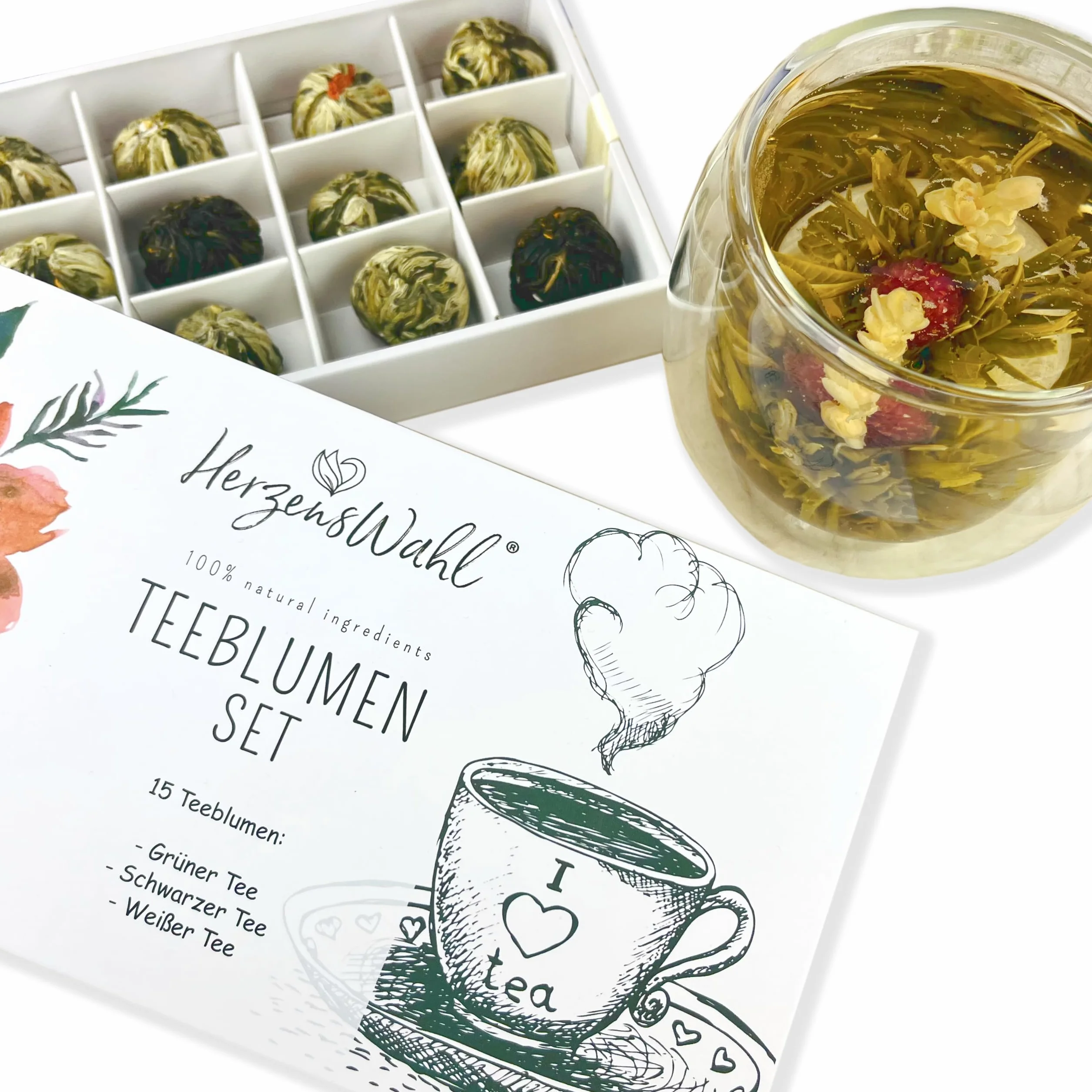HerzensWahl Coffret cadeau de fleurs de thé - 15 fleurs de thé blanc, thé vert et thé noir dans une boîte à thé - Kit de dégustation de fleurs de thé pour les amateurs de thé avec boîte cadeau