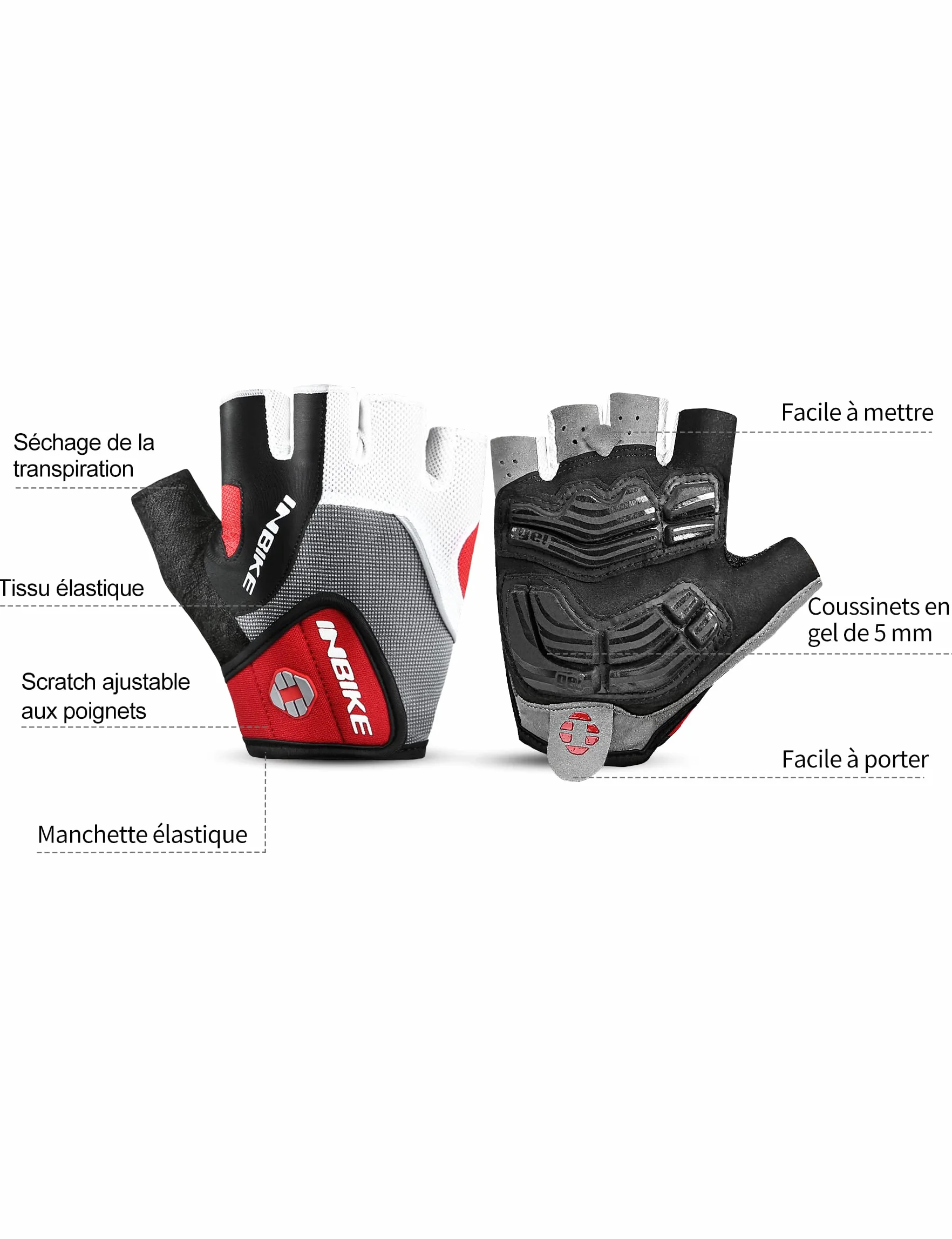 INBIKE Gants Cyclisme Demi-Doigts VTT 5mm Gel Rembourrés Anti-Choc Respirant Été