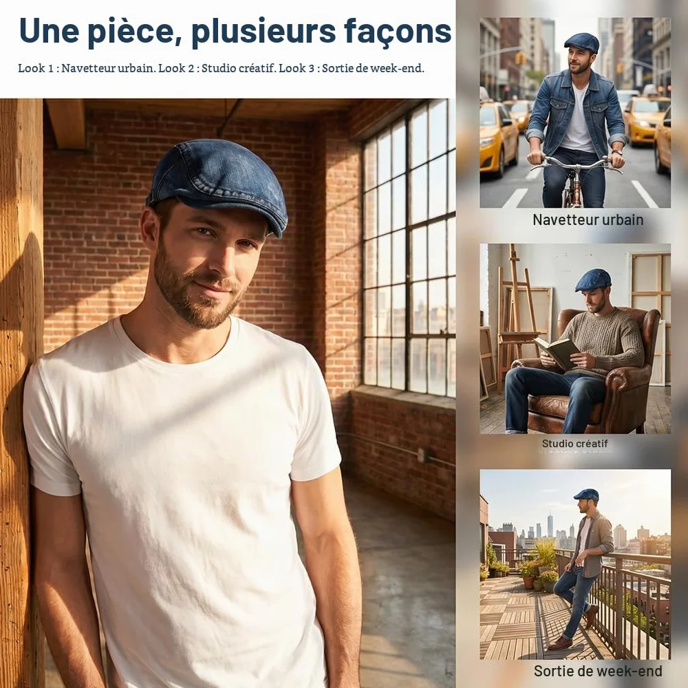 YAMEE Béret Homme Denim Classique Réglable Protection Solaire Unisexe Vintage 55-60cm