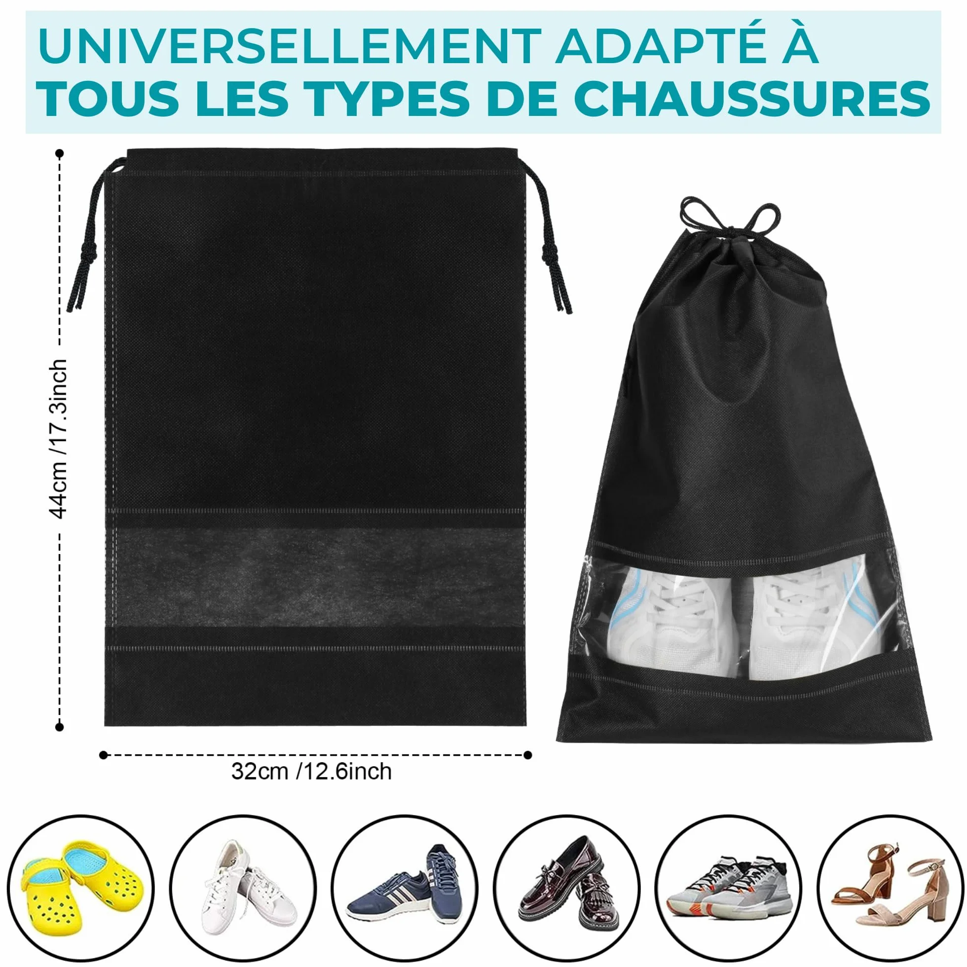 Sacs à Chaussures de Voyage Étanches, Grand Organisateur de Rangement avec Cordon de Serrage et Fente Transparente, 10 Pièces, Noir