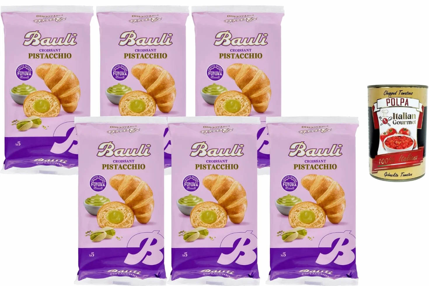 Italian Gourmet - Bauli Croissants fourrés à la crème de pistache 6 x 250 g – viennoiserie moelleuse emballée individuellement, idéal petit-déjeuner & goûter, goût pistache + Italian Gourmet Polpa
