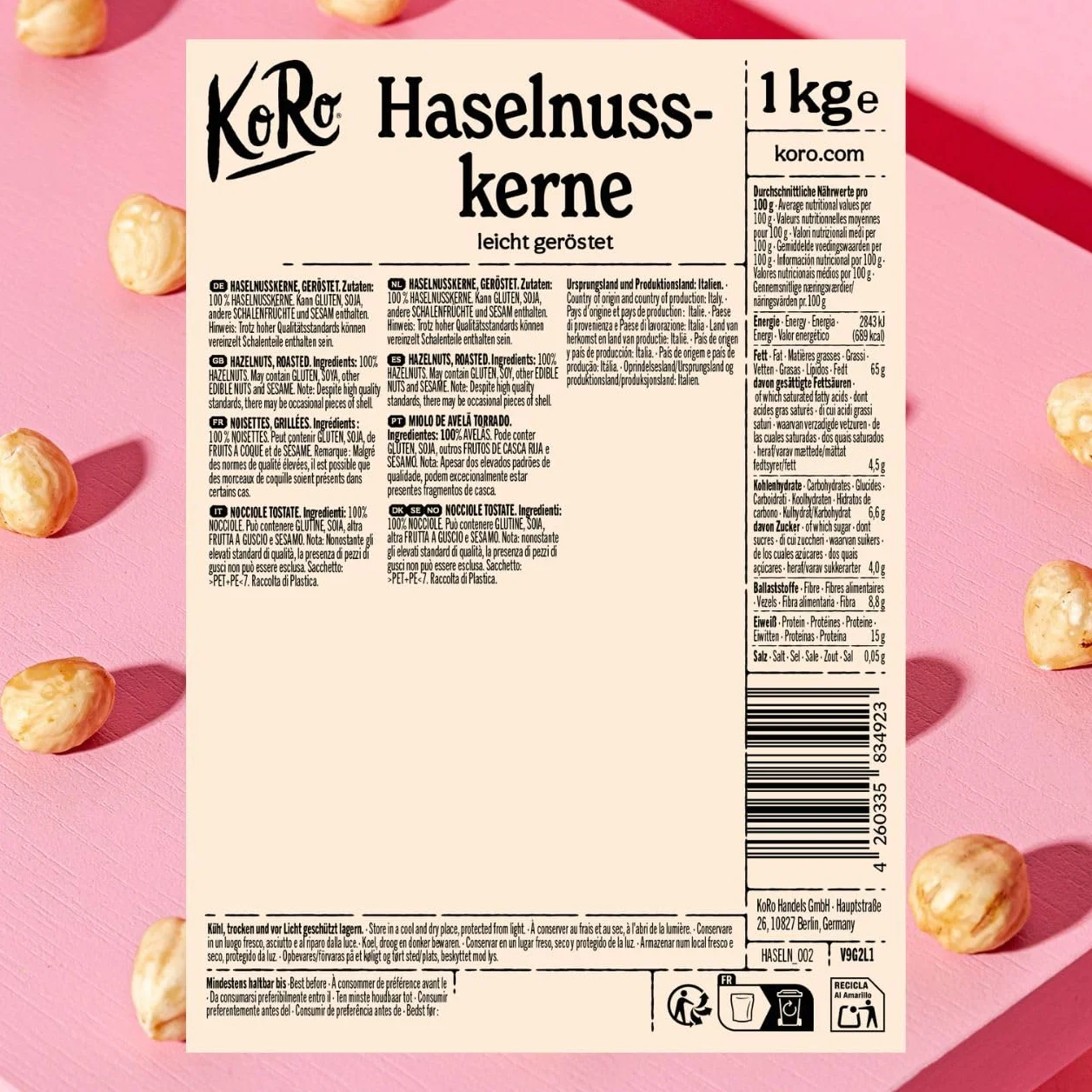 KoRo - Noisettes torréfiées 1 kg - Noisettes émondées et sans additifs ni conservateurs, parfaites pour la cuisine ou comme snack