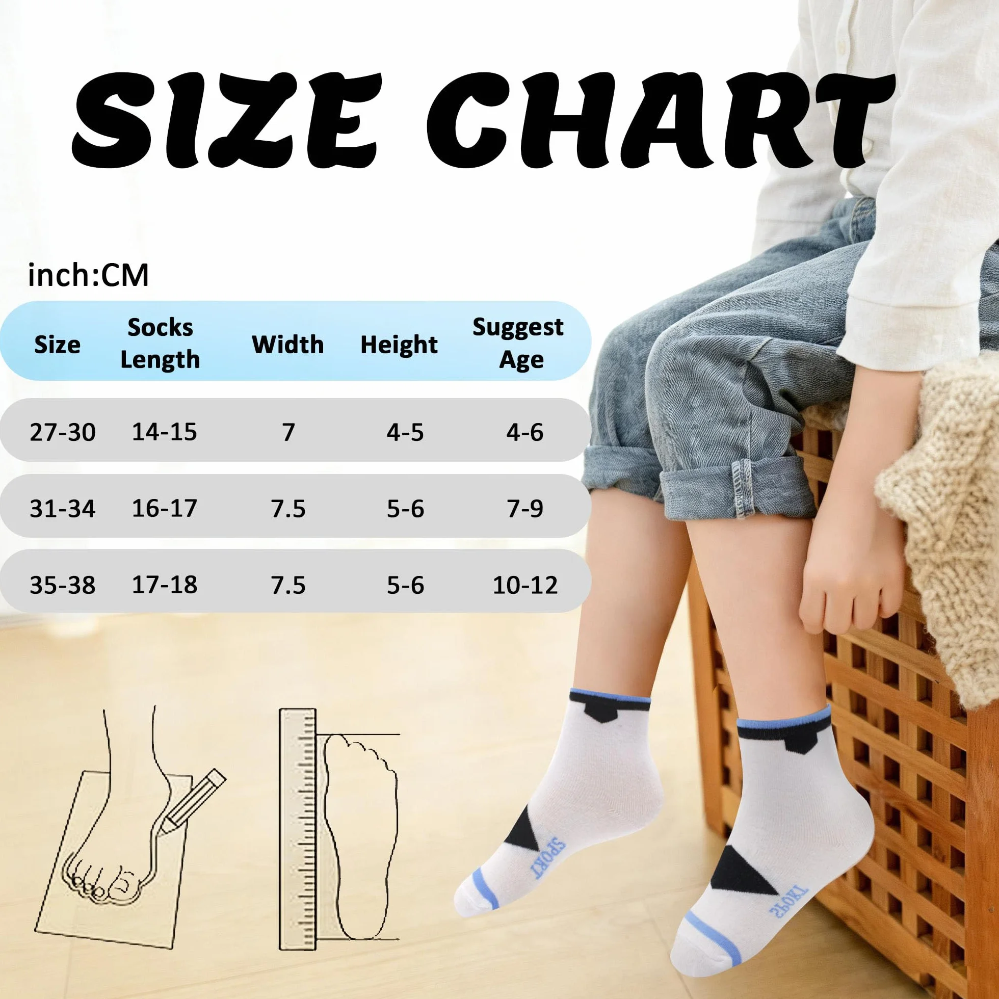 Chaussettes Enfant Garçon Fille Coton Doux Respirantes Motifs Sport Unisex Foot Confortables Pack de 12