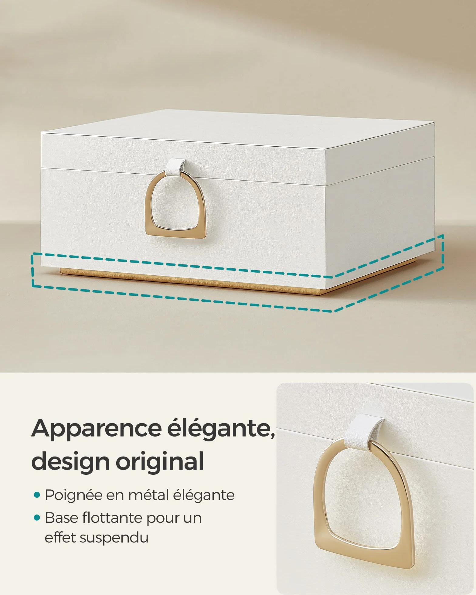 SONGMICS Boîte à Bijoux 2 Niveaux, Coffre à Bijoux avec Poignée, Plateau Flexible, 20,5 x 24 x 11 cm, Blanc