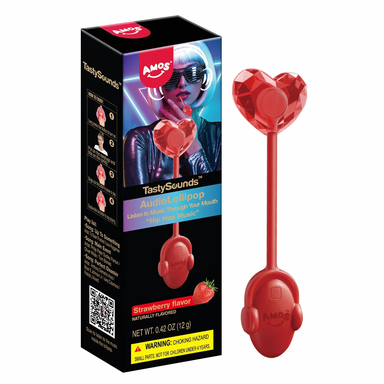 AMOS Musicales Sucette Bonbon Lollipop, 1x Strawberry Fraise Audio Sucettes, Noël Christmas Fête Sucettes Gift, Bonbon Sans Sucre Individuel Emballés Candy Parfait Pour Fête