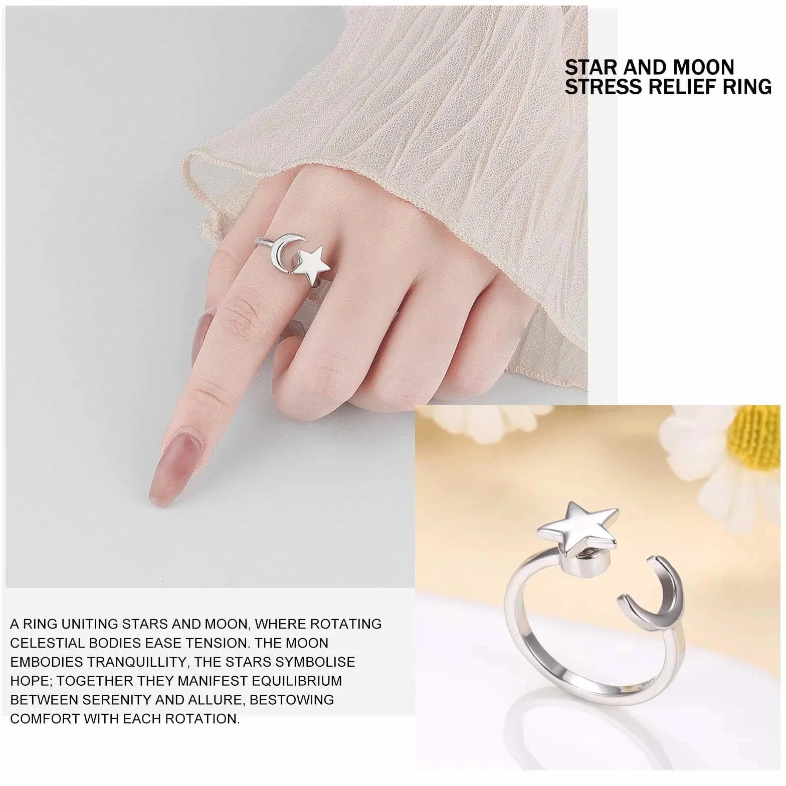 Anneaux de décompression 3 Pcs Bague Anti Stress Femme Argent Ajustables Rotatives Étoile Lune Soleil