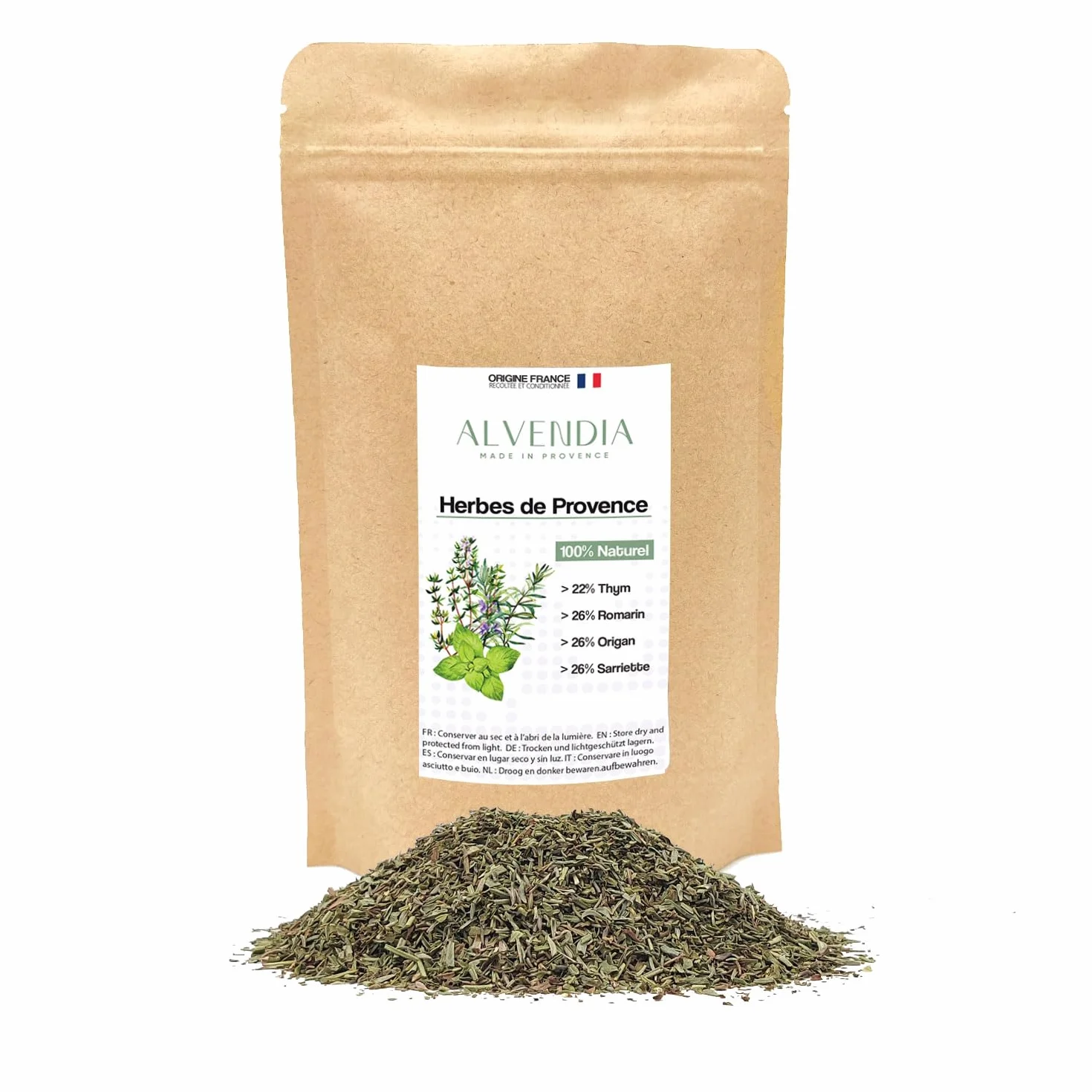 ALVENDIA - Véritables Herbes de Provence - Idéales pour la Cuisine - Thym, Romarin, Origan et Sarriette - Cultivée en Provence - Paquet de 400 Grammes - Récolte 2025