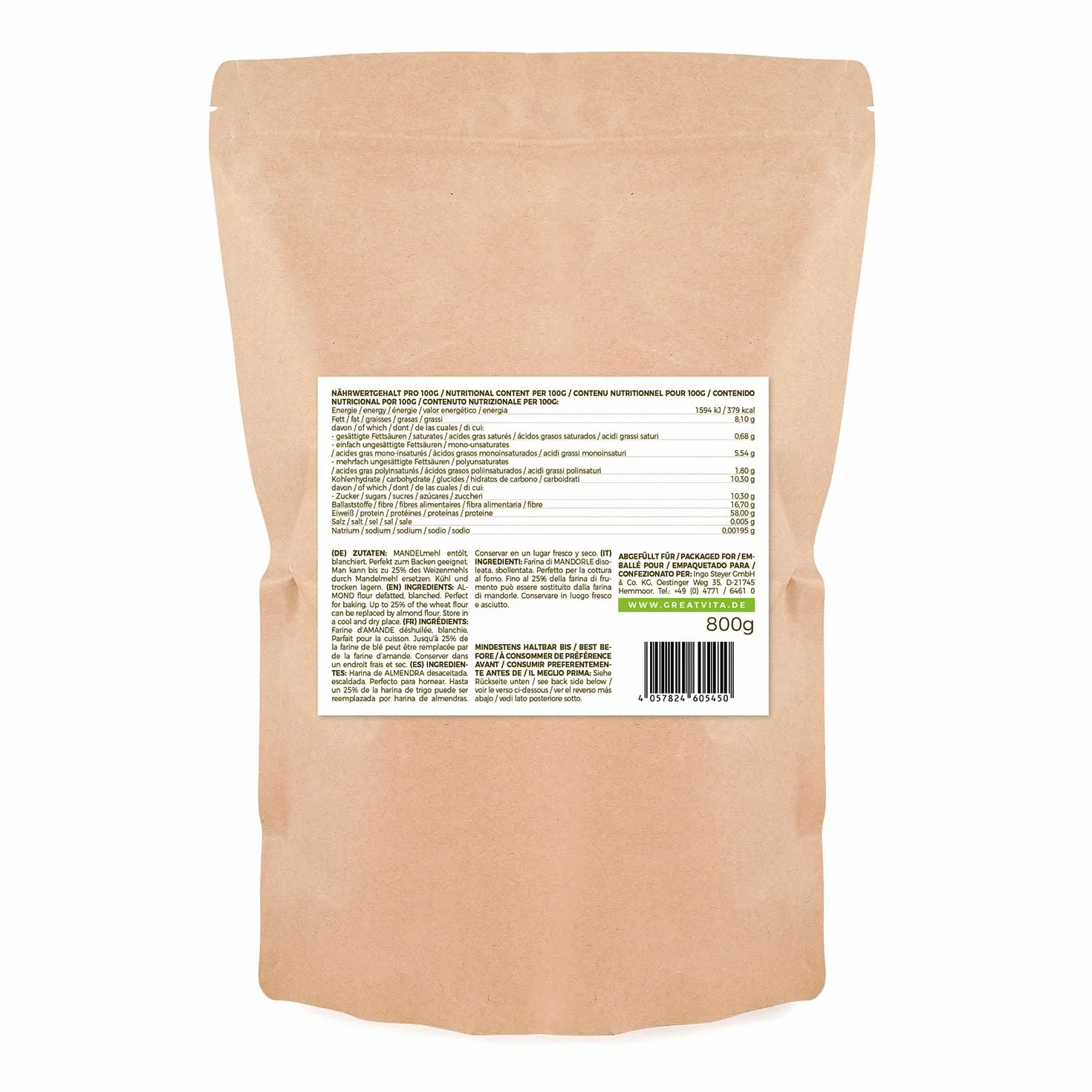 Farine d'amande MeaVita, blanchie et déshuilée, 1 paquet (1x 800g) dans un sac