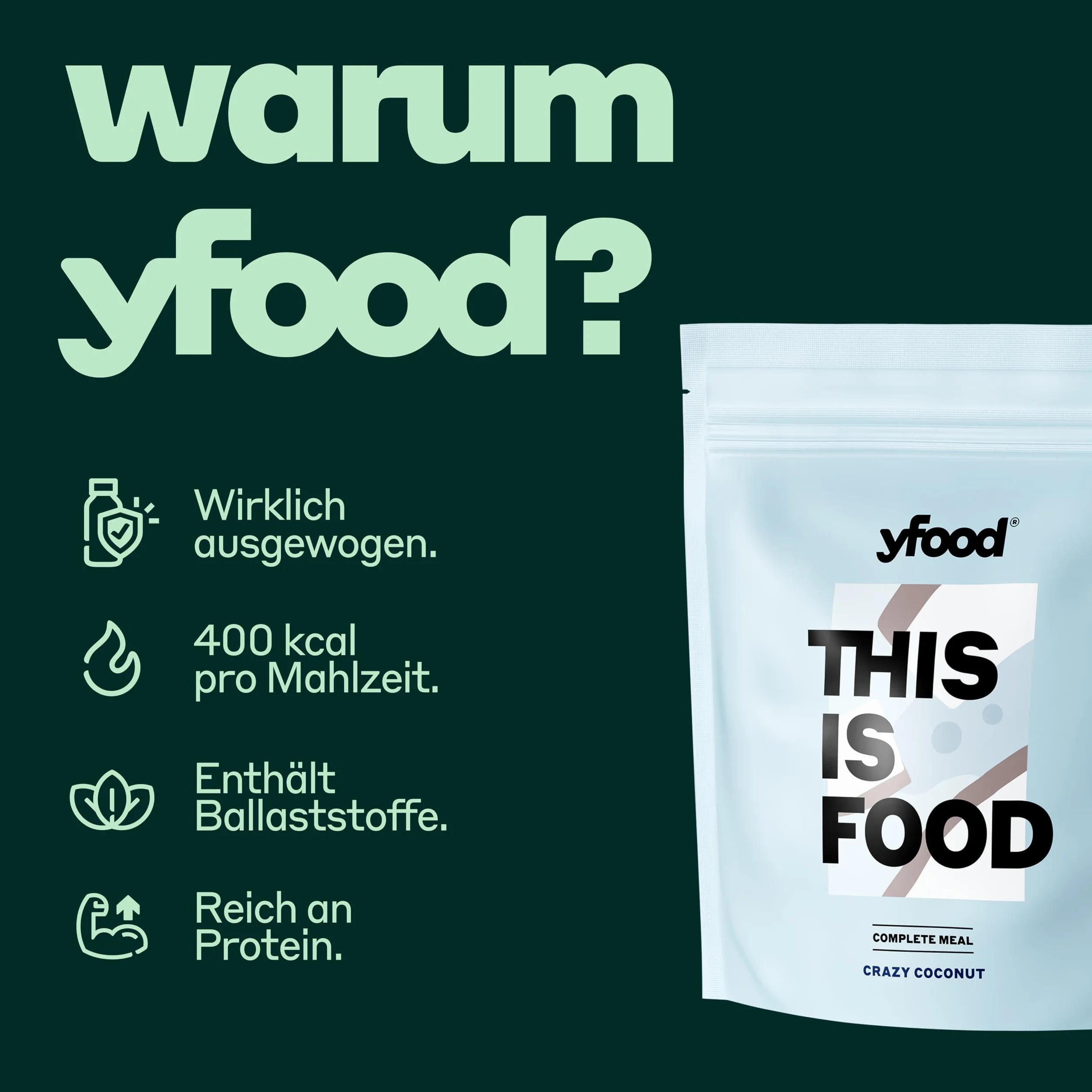 yfood Poudre de noix de coco crazy - Délicieux repas à boire pour les déplacements - Poudre de 25 g de protéines, 26 vitamines et minéraux - Saveur : noix de coco