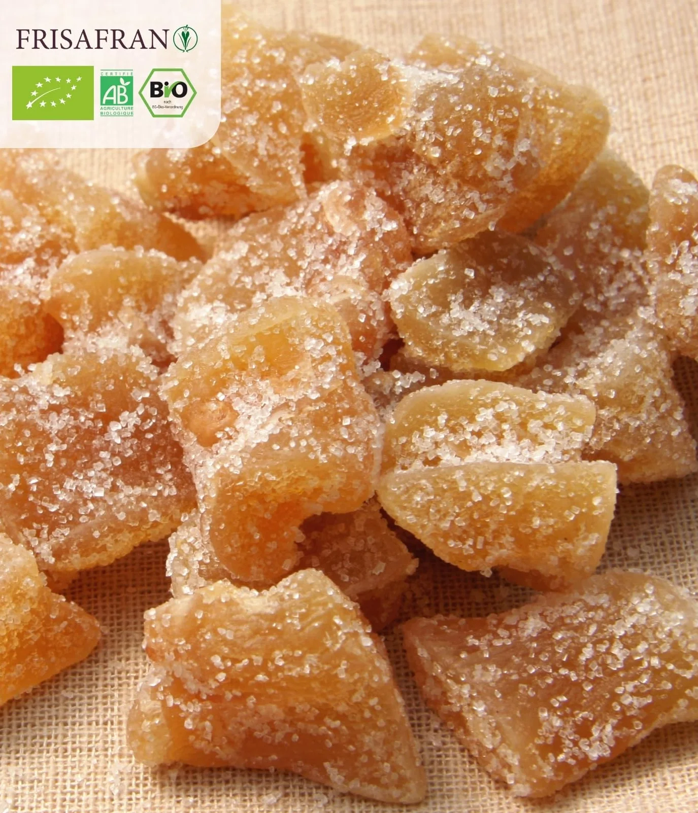 FRISAFRAN | Dés de Gingembre au Fructose Bio 200g | Tranches de gingembre glacées | Bonbons au gingembre coupés en dés | Gingembre confit | Superaliment naturel sans additifs | Naturel-Bio