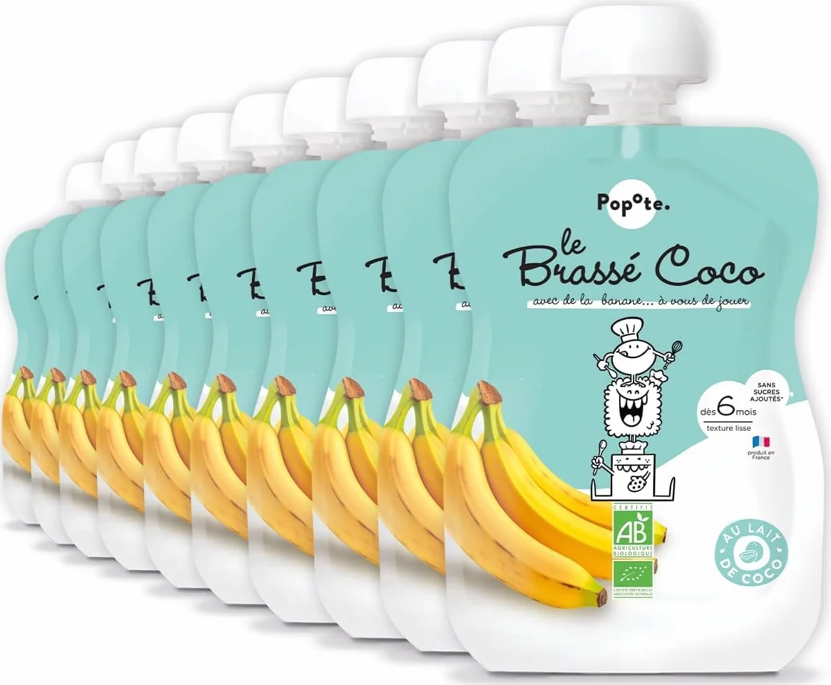 POPOTE - Brassé Coco Banane Bio Bébé 100 g - Dès 6 mois - Gourde Individuelle - Yaourt Végétal, Texture Onctueuse - Format Pratique à Emporter - Pack Familial 10 x 100 g - Sans Sucre Ajouté