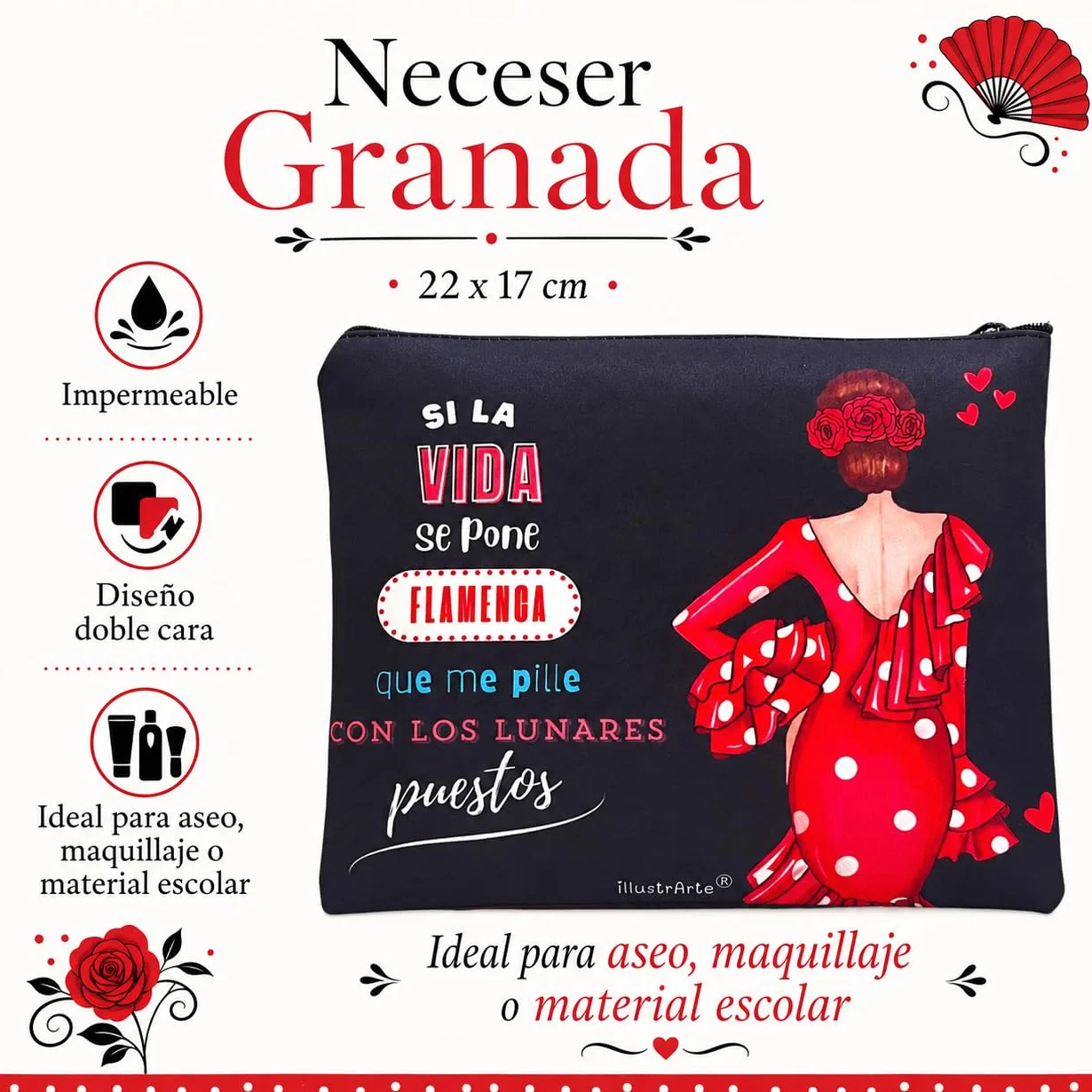 Trousse Granada Flamenco Macarena Double Face 22x17 cm Imperméable Toilette Maquillage Scolaire