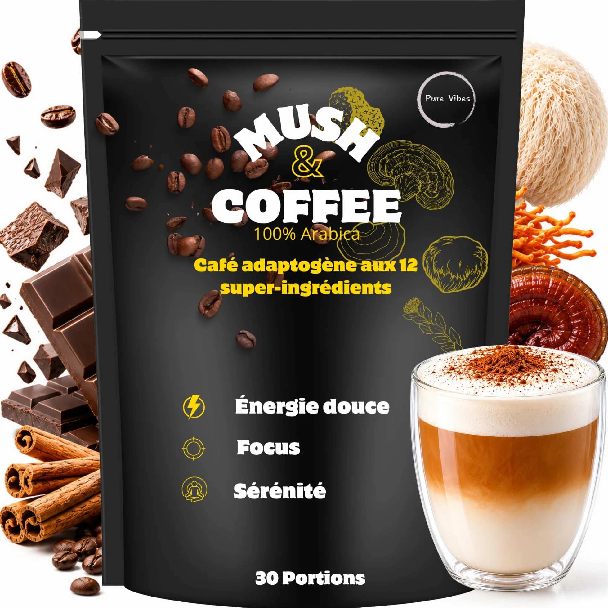 Alternative au Café – Substitut de Café Instantané Reishi & Lion’s Mane – PureVibes Mush & Coffee – Énergie Stable & Concentration – Vegan Sans Sucre – 15 Portions (30, Tasses)